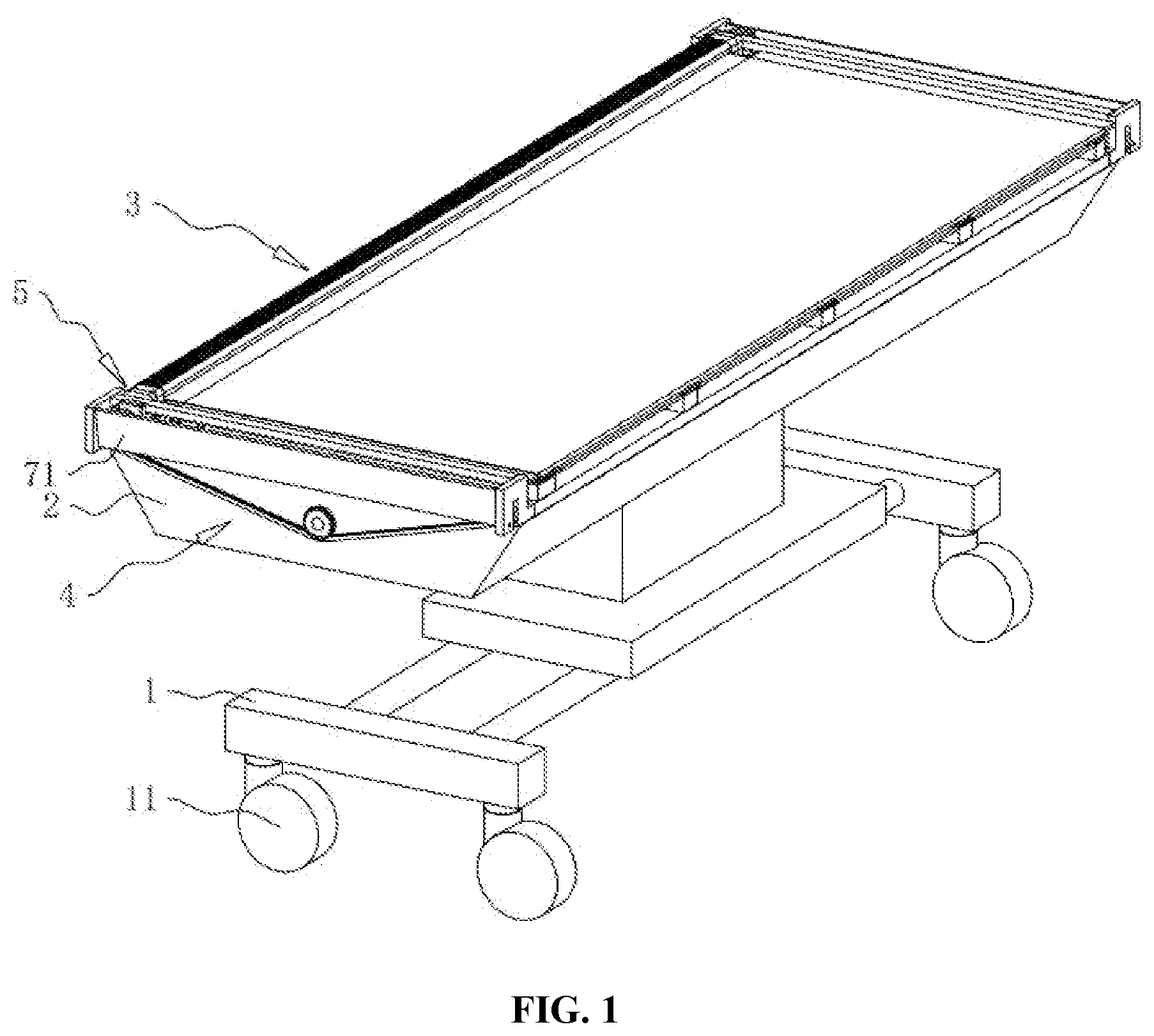 Patent US12569386 Figure 1 – Medical transfer bed