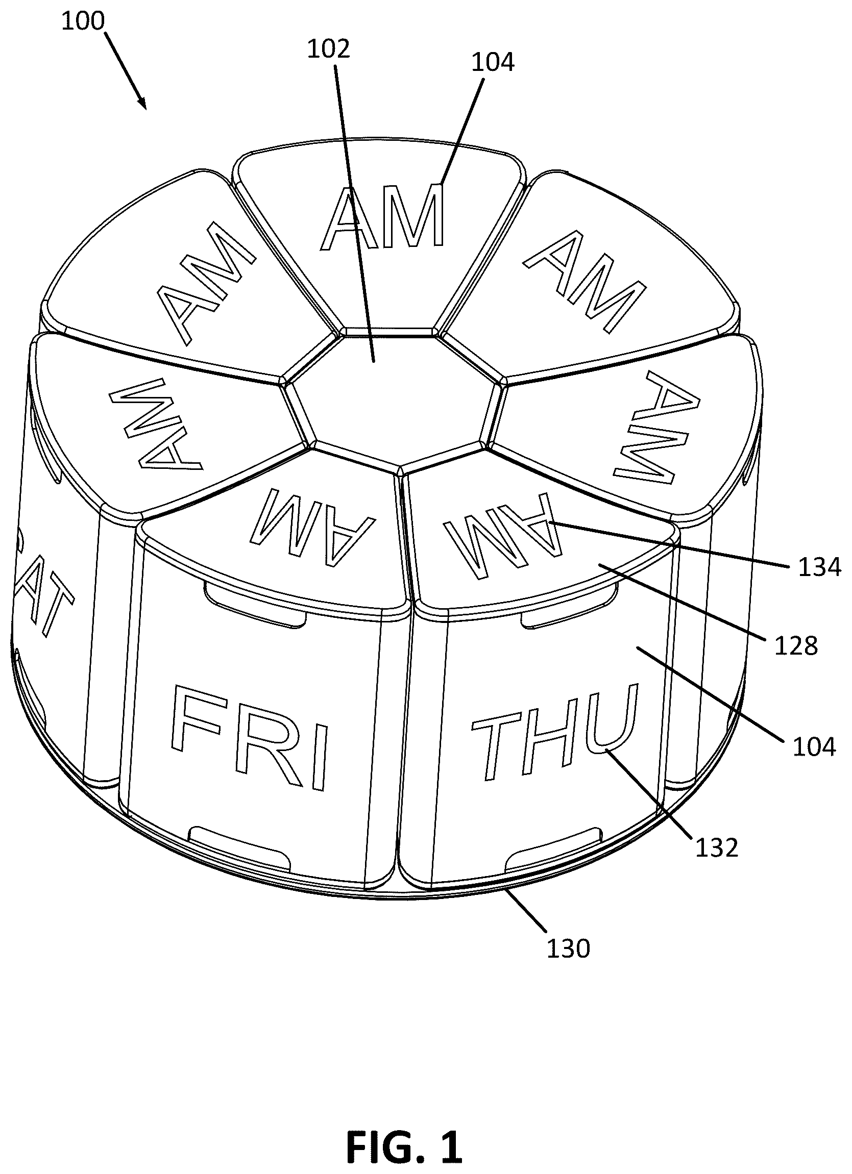 Patent US12569406 Figure 1 – AM/PM multi-day pill container