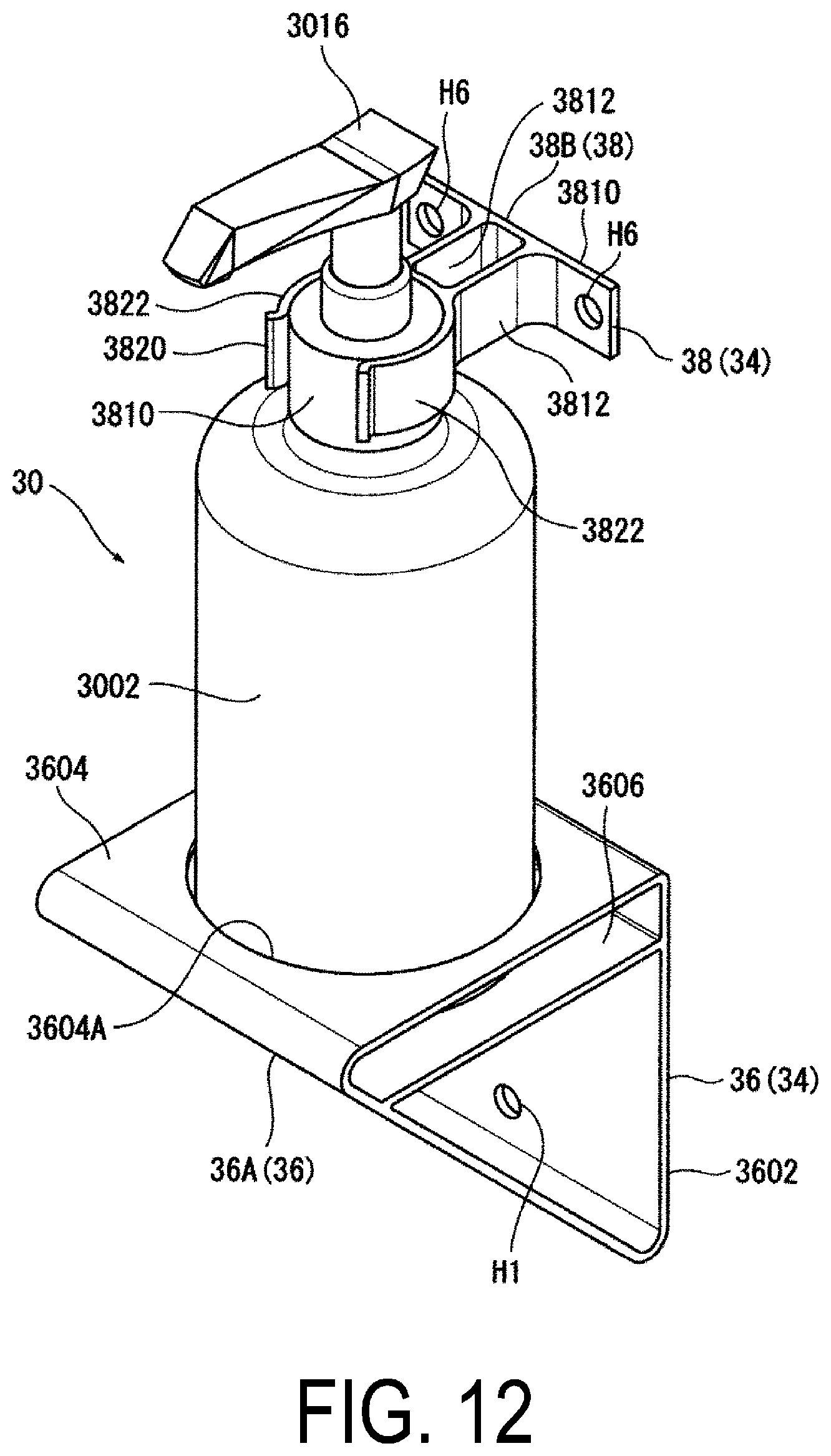 Patent US12569583 Figure 12 – Arrangement structure for pump-type bottle in aircraft cabin