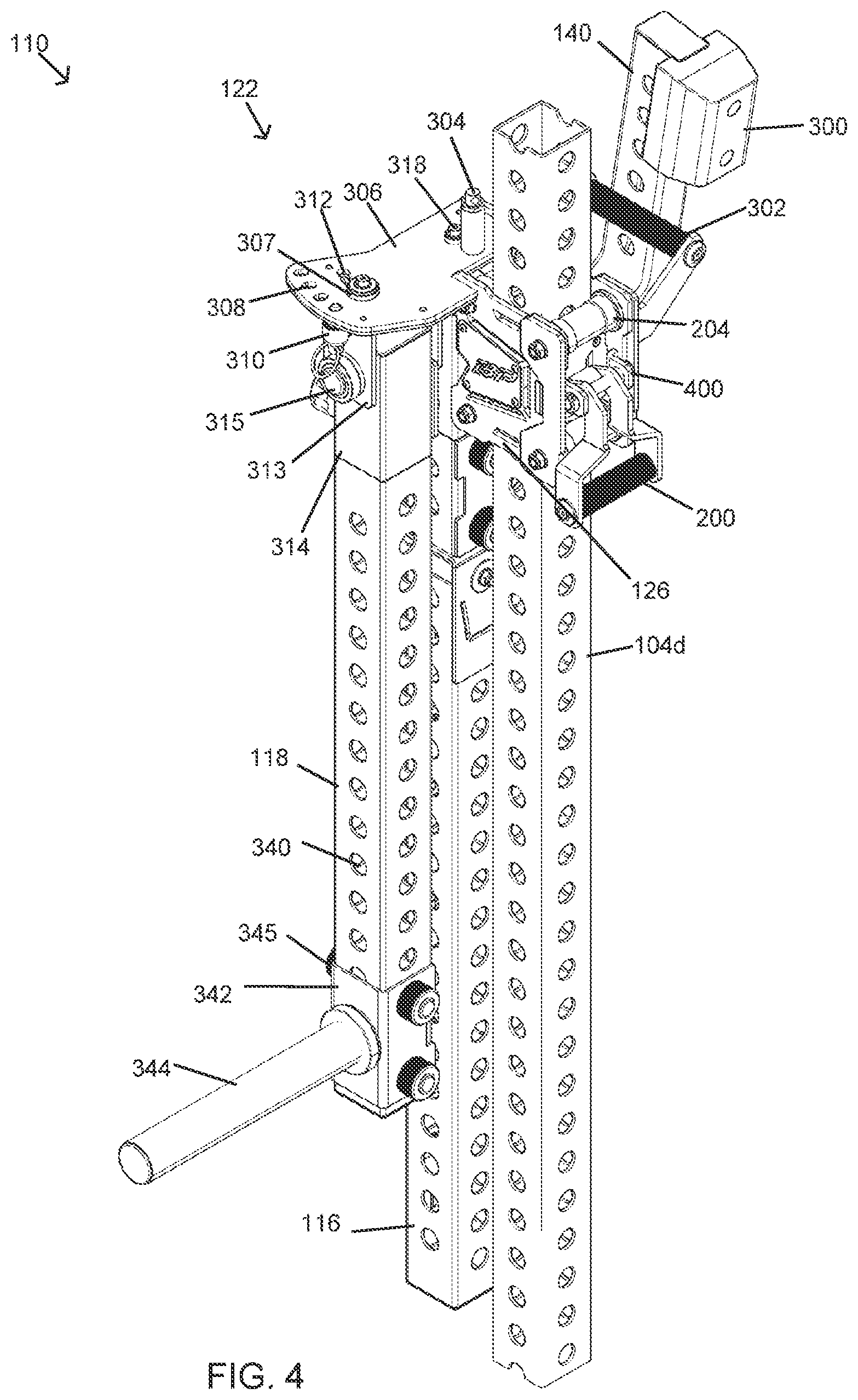 Patent US12569711 Figure 4 – Lever jammer arm exercise machine with a lever jammer arm assembly and dual arm mechanism