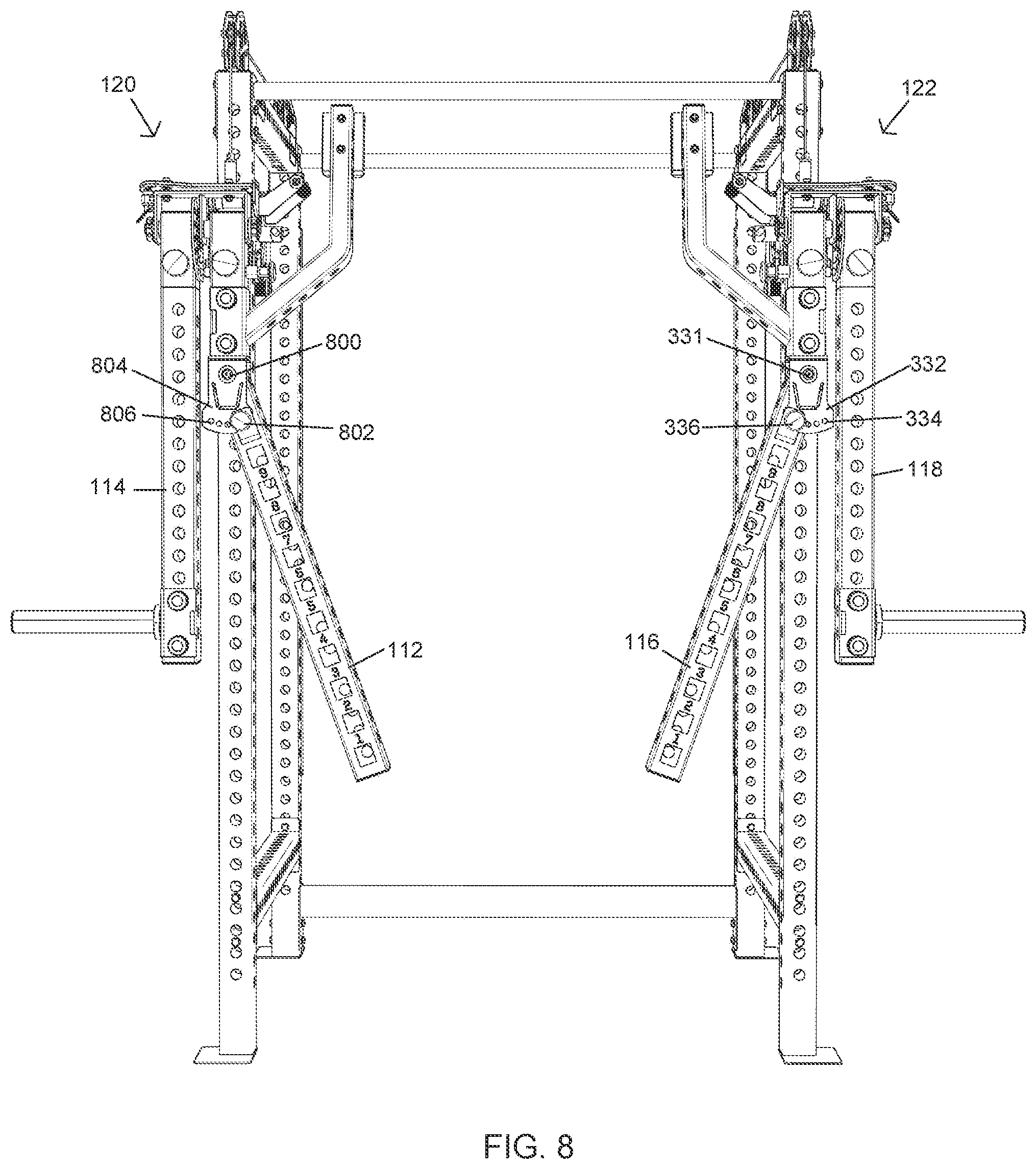 Patent US12569711 Figure 8 – Lever jammer arm exercise machine with a lever jammer arm assembly and dual arm mechanism