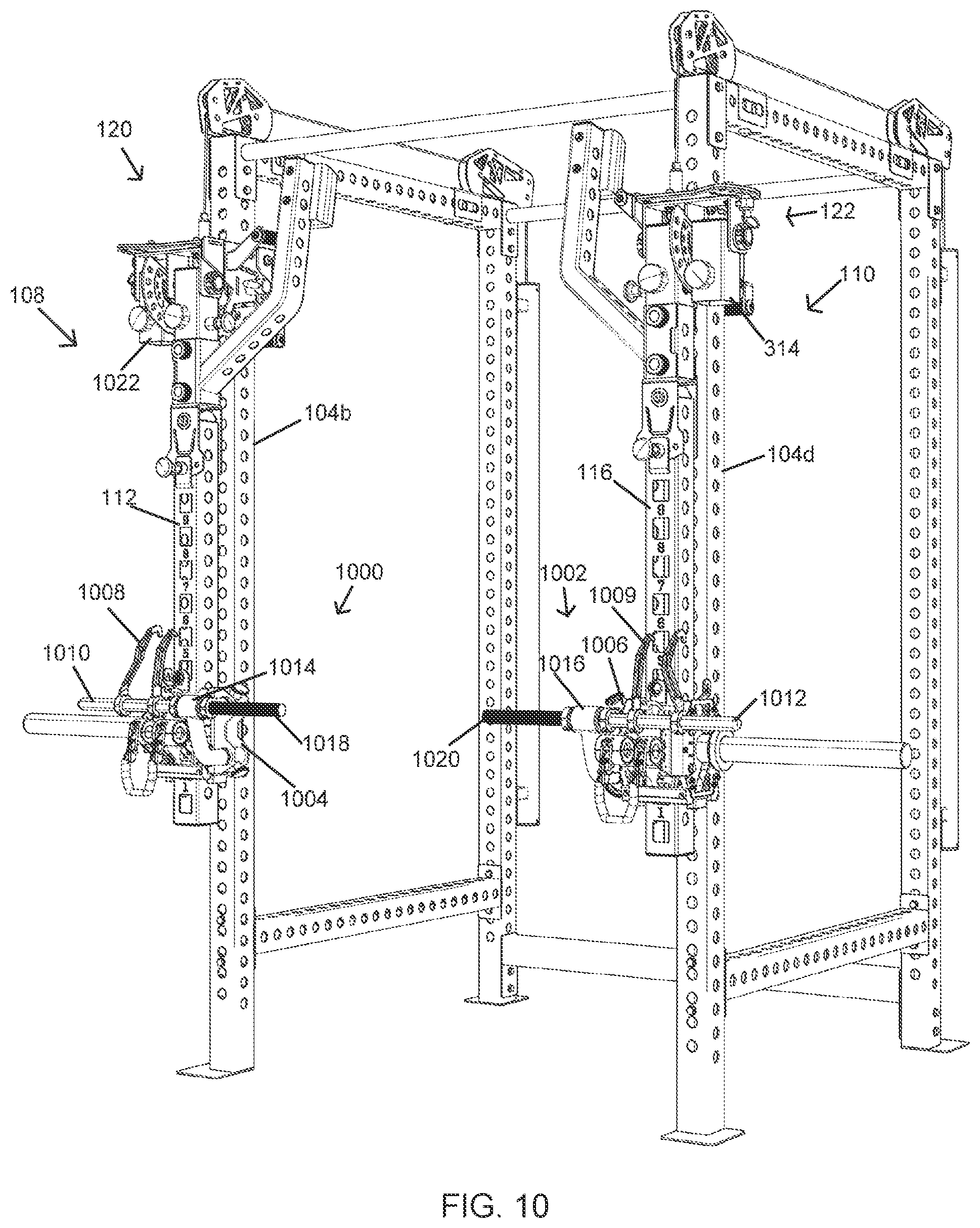 Patent US12569711 Figure 10 – Lever jammer arm exercise machine with a lever jammer arm assembly and dual arm mechanism