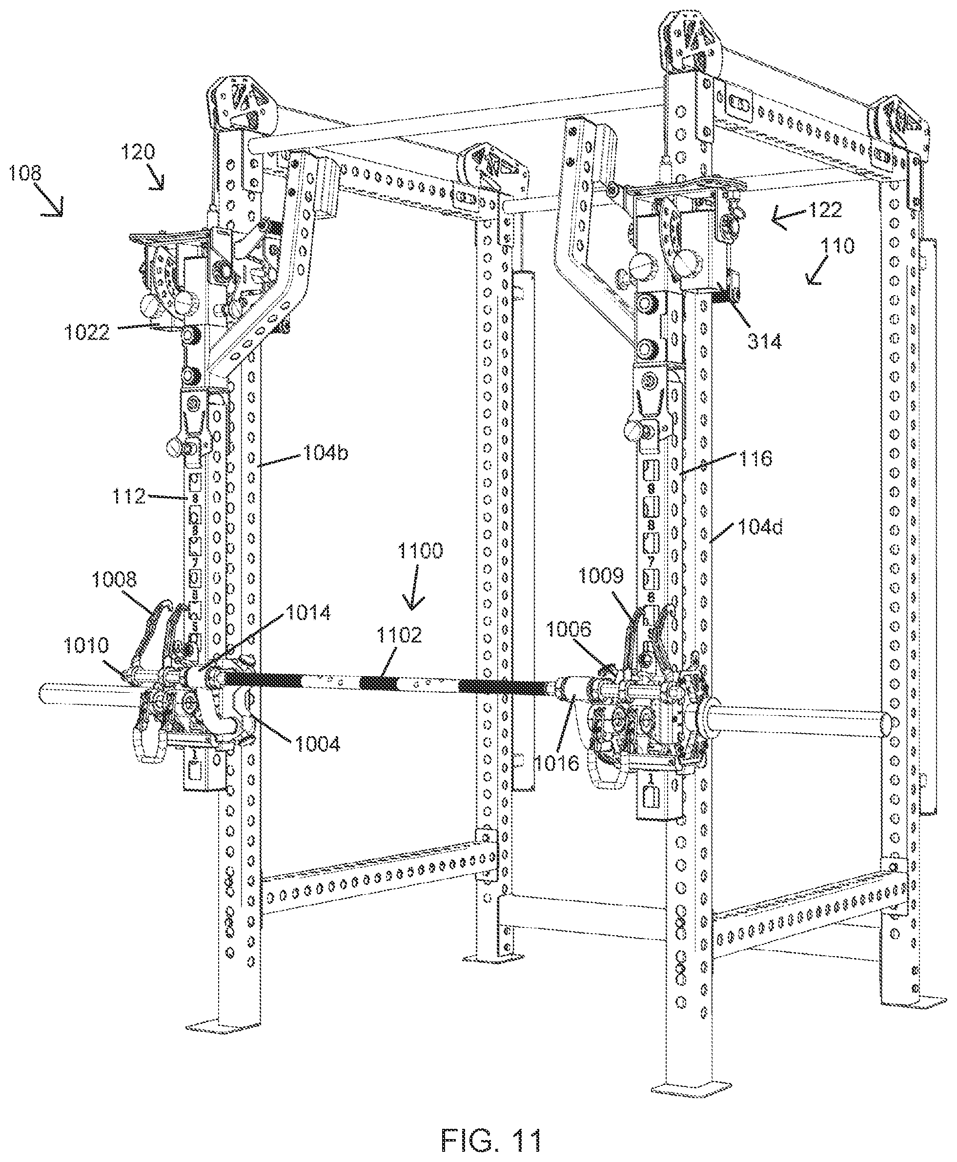 Patent US12569711 Figure 11 – Lever jammer arm exercise machine with a lever jammer arm assembly and dual arm mechanism