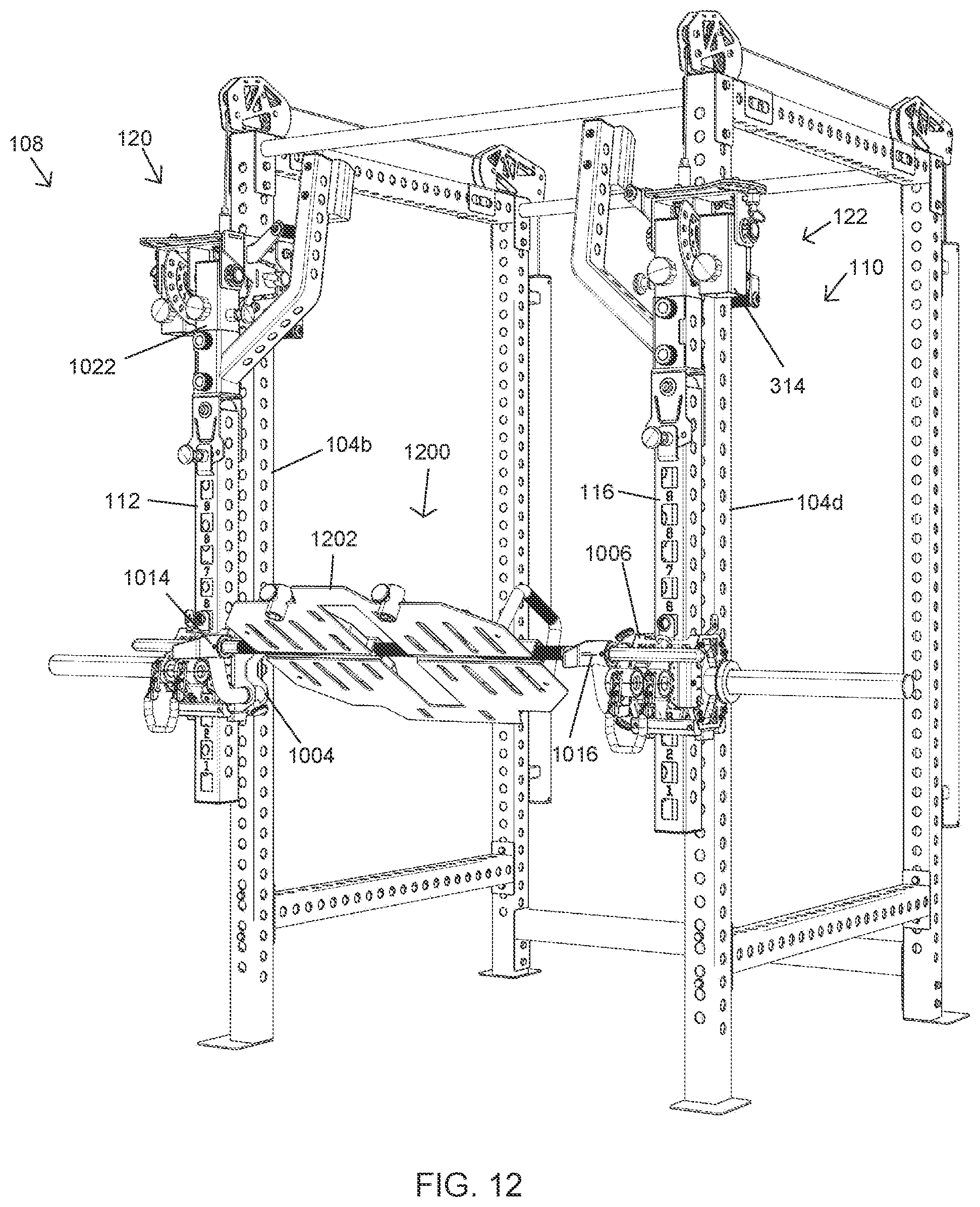Patent US12569711 Figure 12 – Lever jammer arm exercise machine with a lever jammer arm assembly and dual arm mechanism
