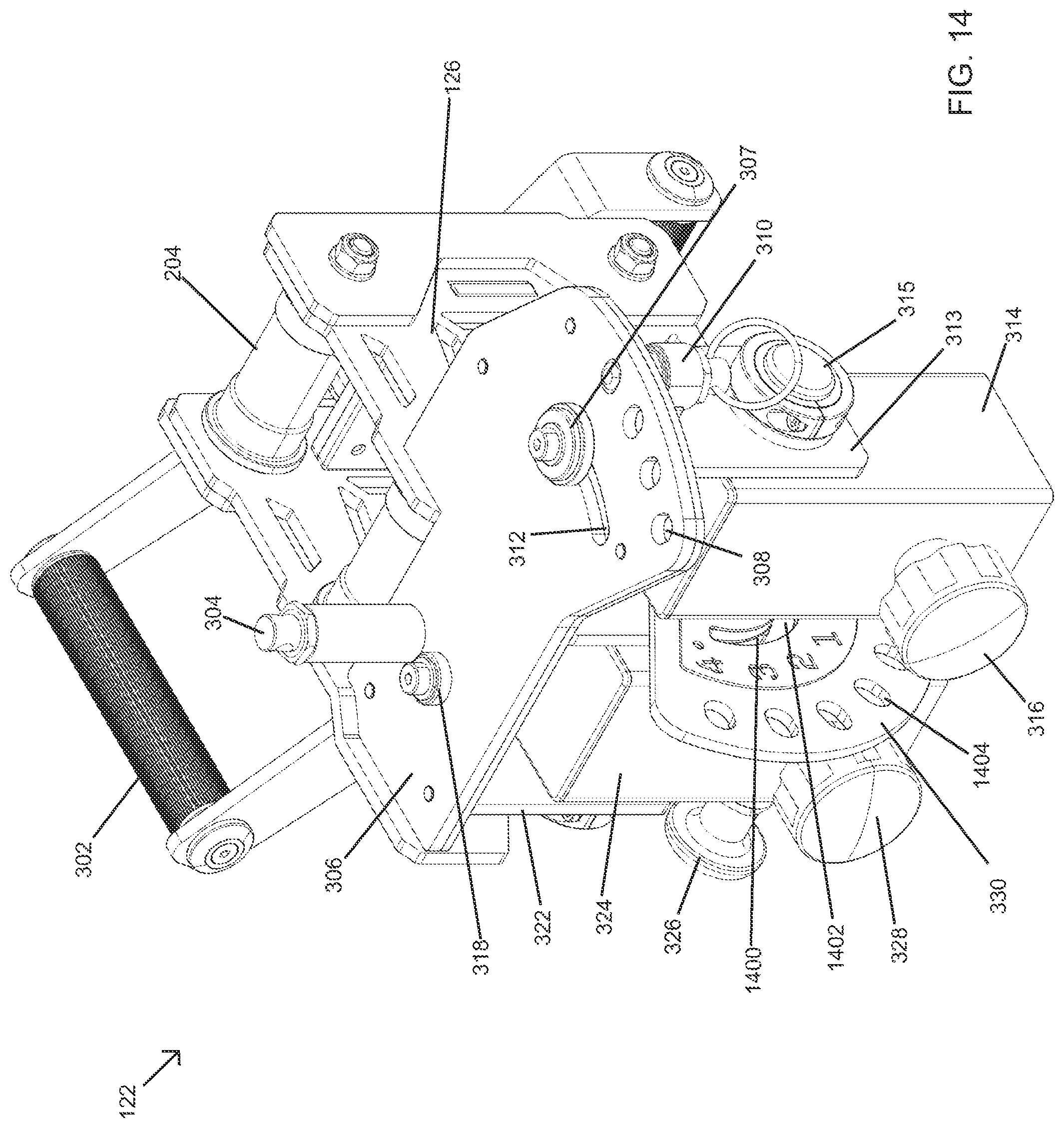 Patent US12569711 Figure 14 – Lever jammer arm exercise machine with a lever jammer arm assembly and dual arm mechanism