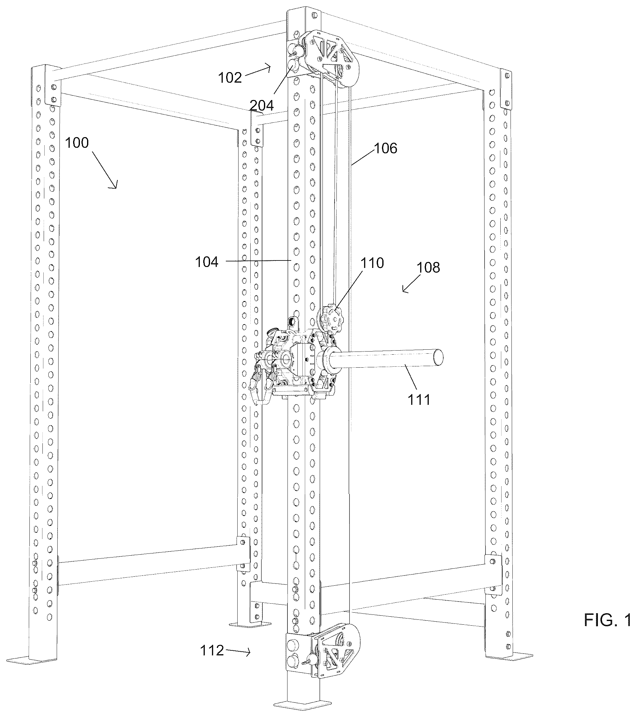 Patent US12569715 Figure 1 – Rack pulley system for exercise equipment