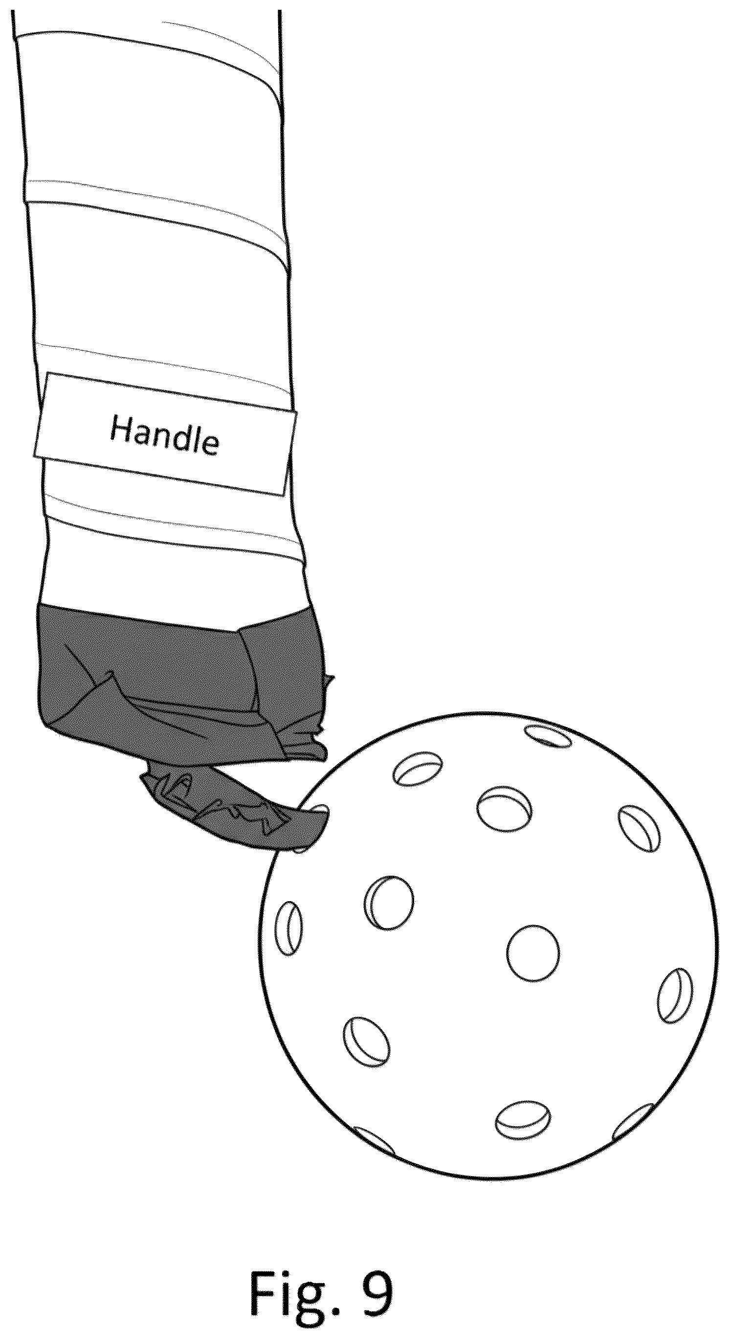 Patent US12569724 Figure 8 – Paddle-mounted hook apparatus for retrieving pickleballs