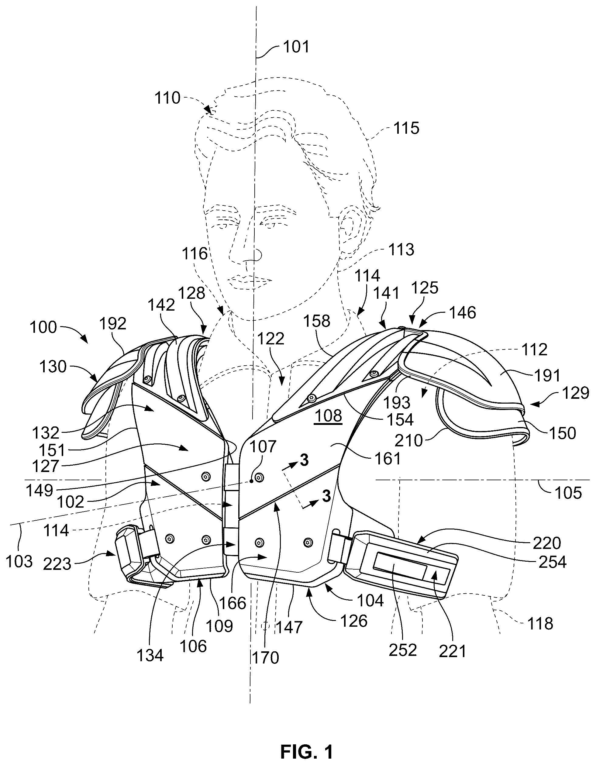 Patent US12569746 Figure 1 – Shoulder pad system with configurable cushion members