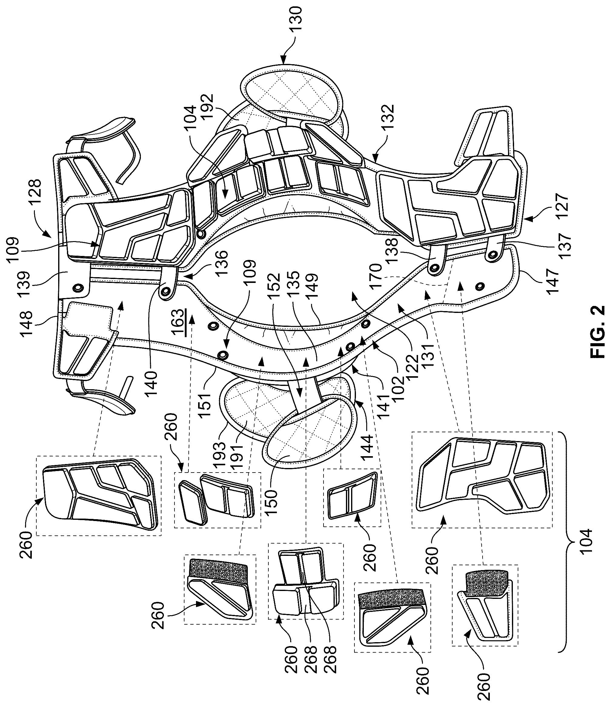 Patent US12569746 Figure 2 – Shoulder pad system with configurable cushion members