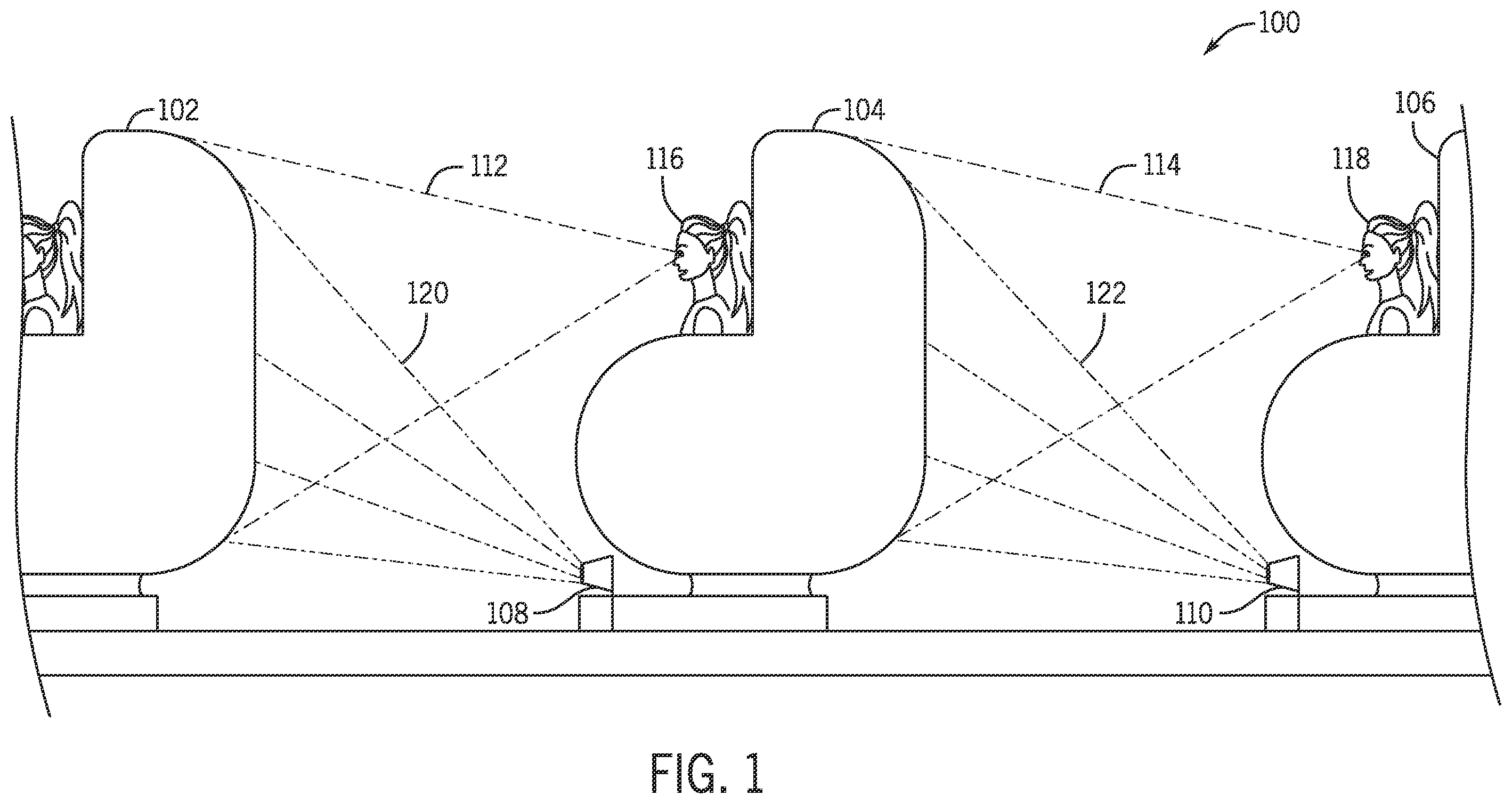 Patent US12569774 Figure 1 – Concealment of ride vehicles in close proximity to other ride vehicles