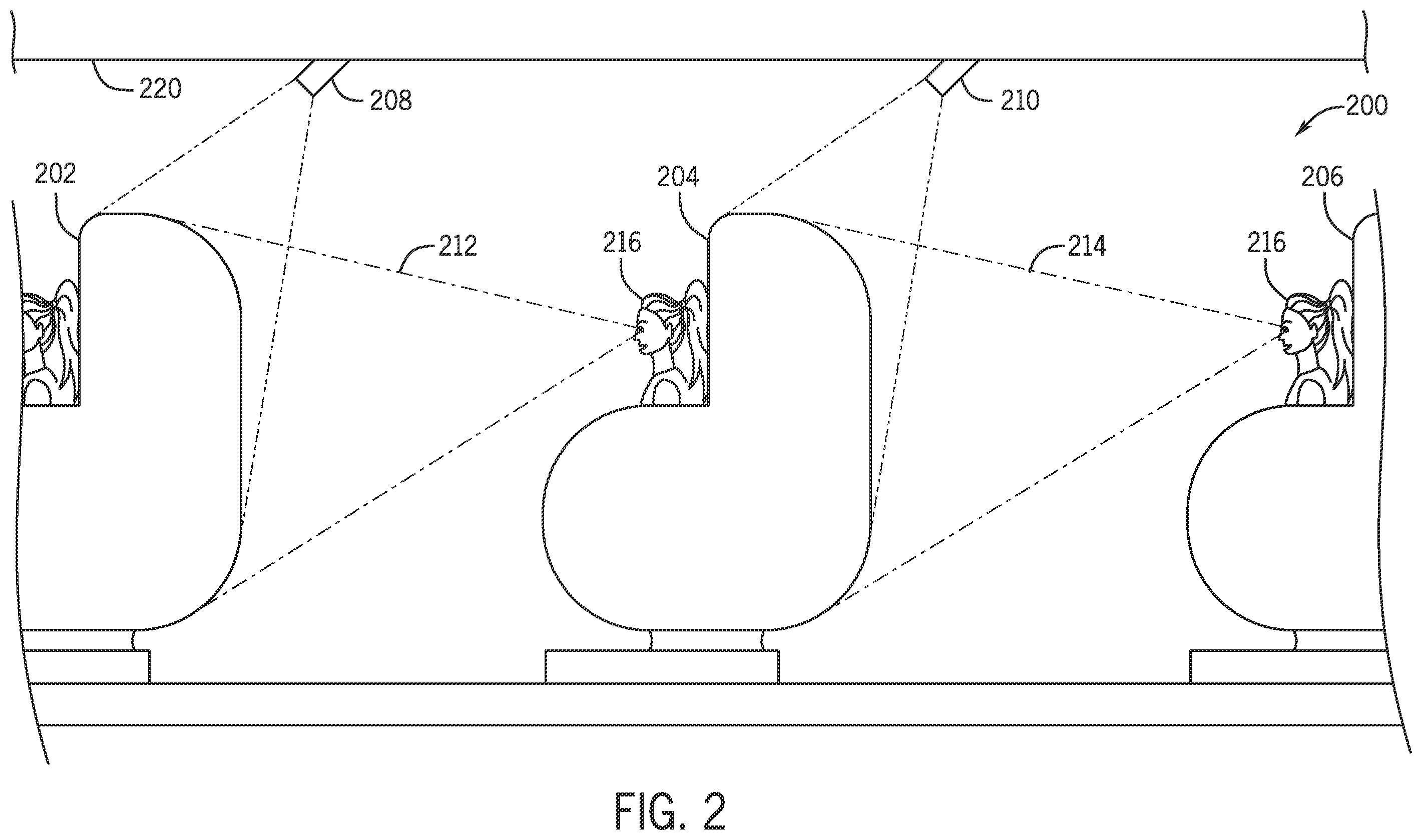 Patent US12569774 Figure 2 – Concealment of ride vehicles in close proximity to other ride vehicles