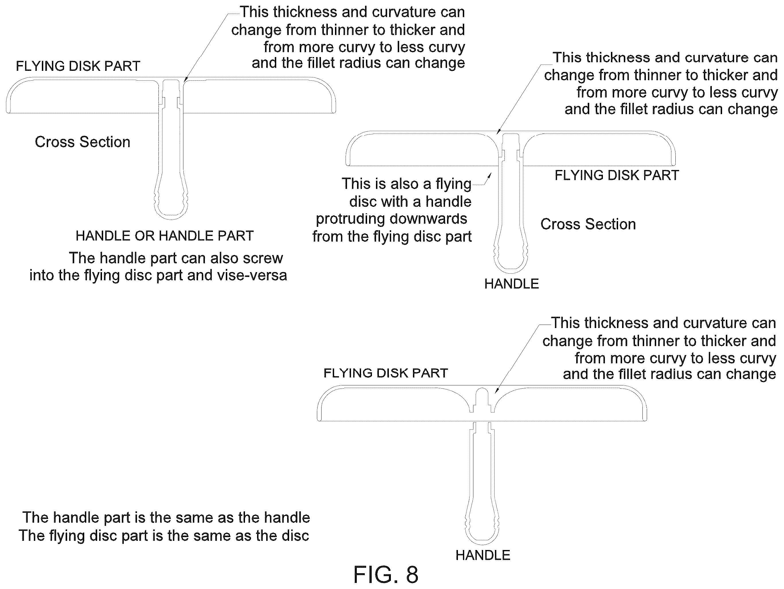 Patent US12569778 Figure 8 – Flying disc(s) with handle