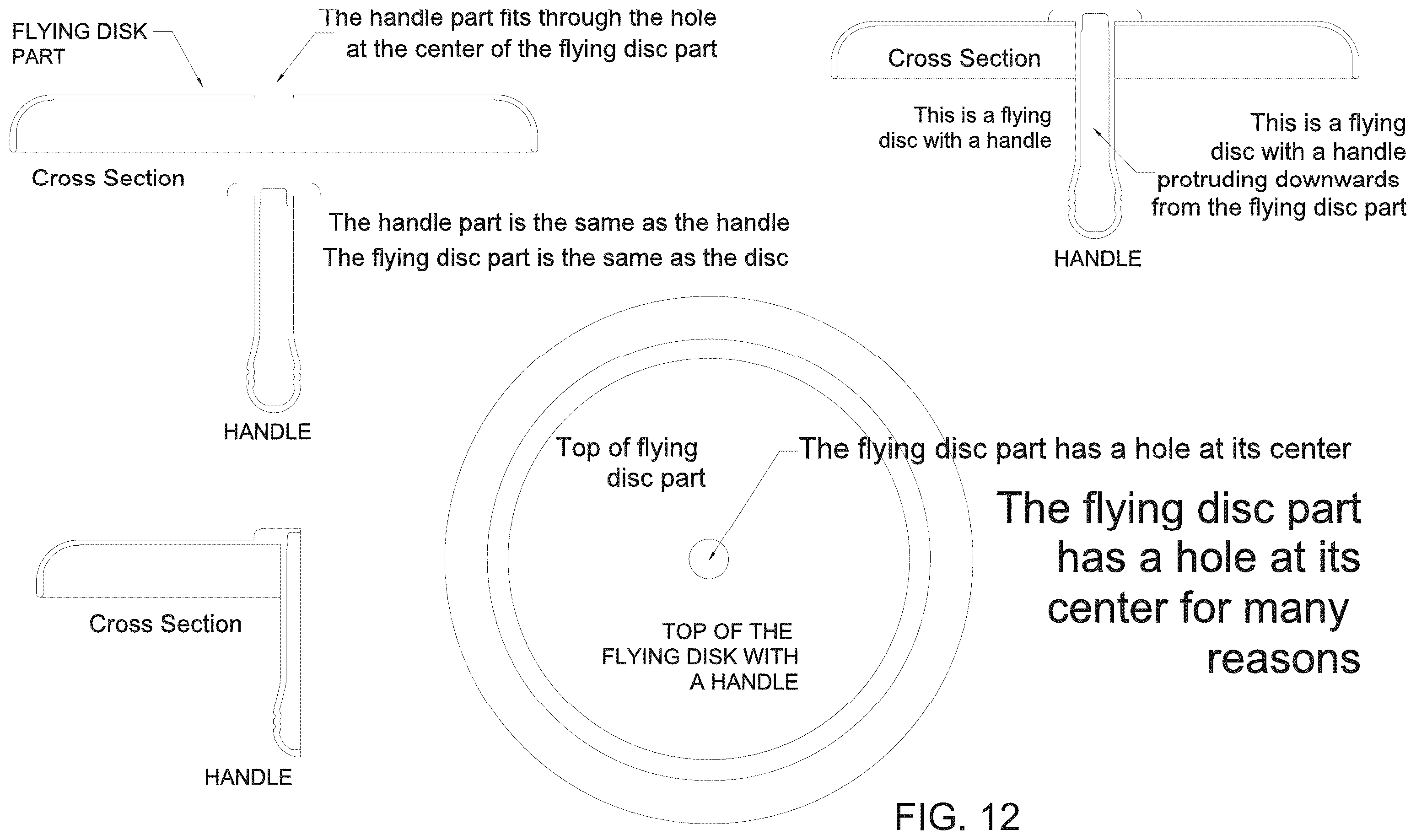 Patent US12569778 Figure 12 – Flying disc(s) with handle