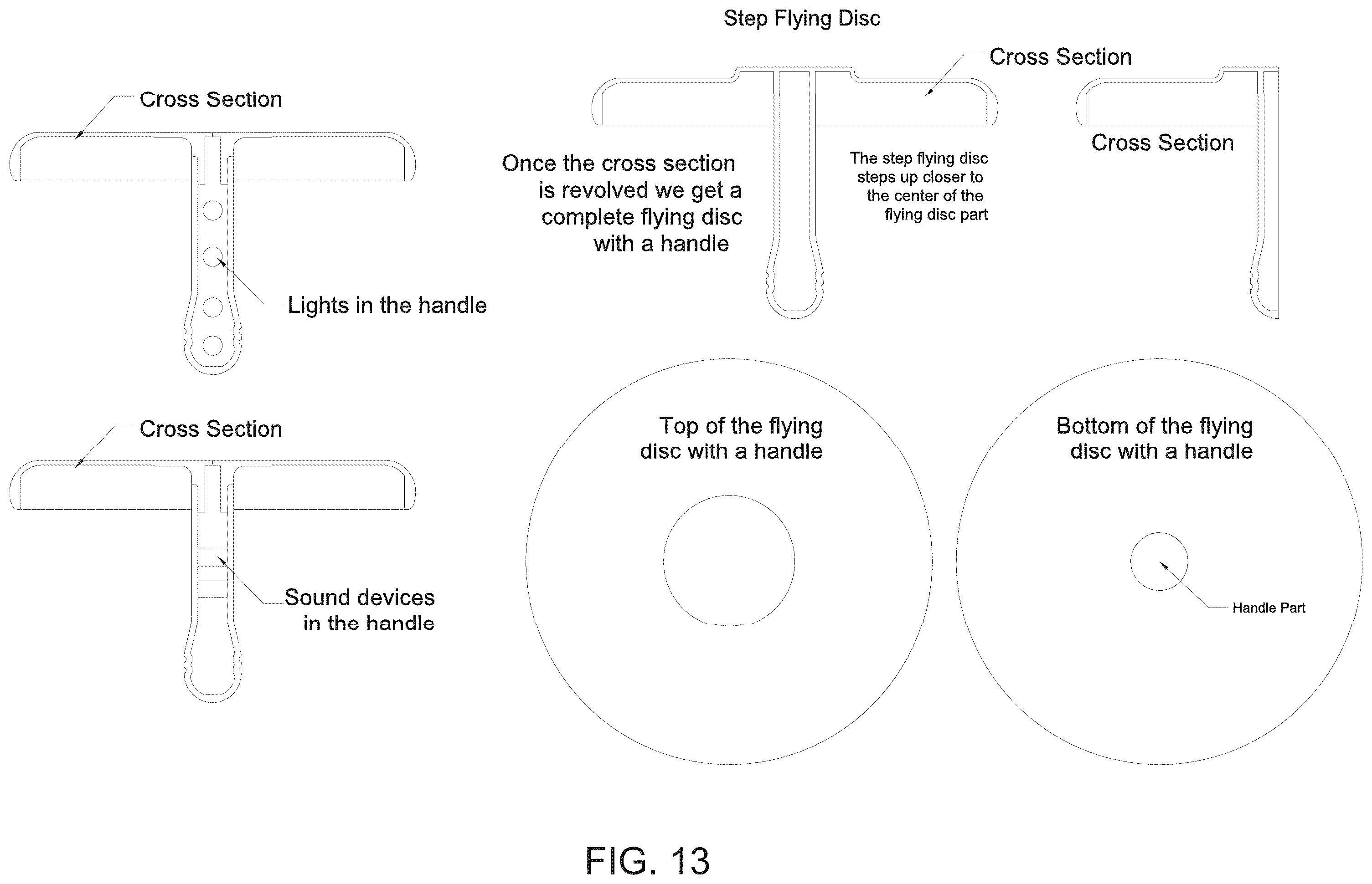 Patent US12569778 Figure 13 – Flying disc(s) with handle
