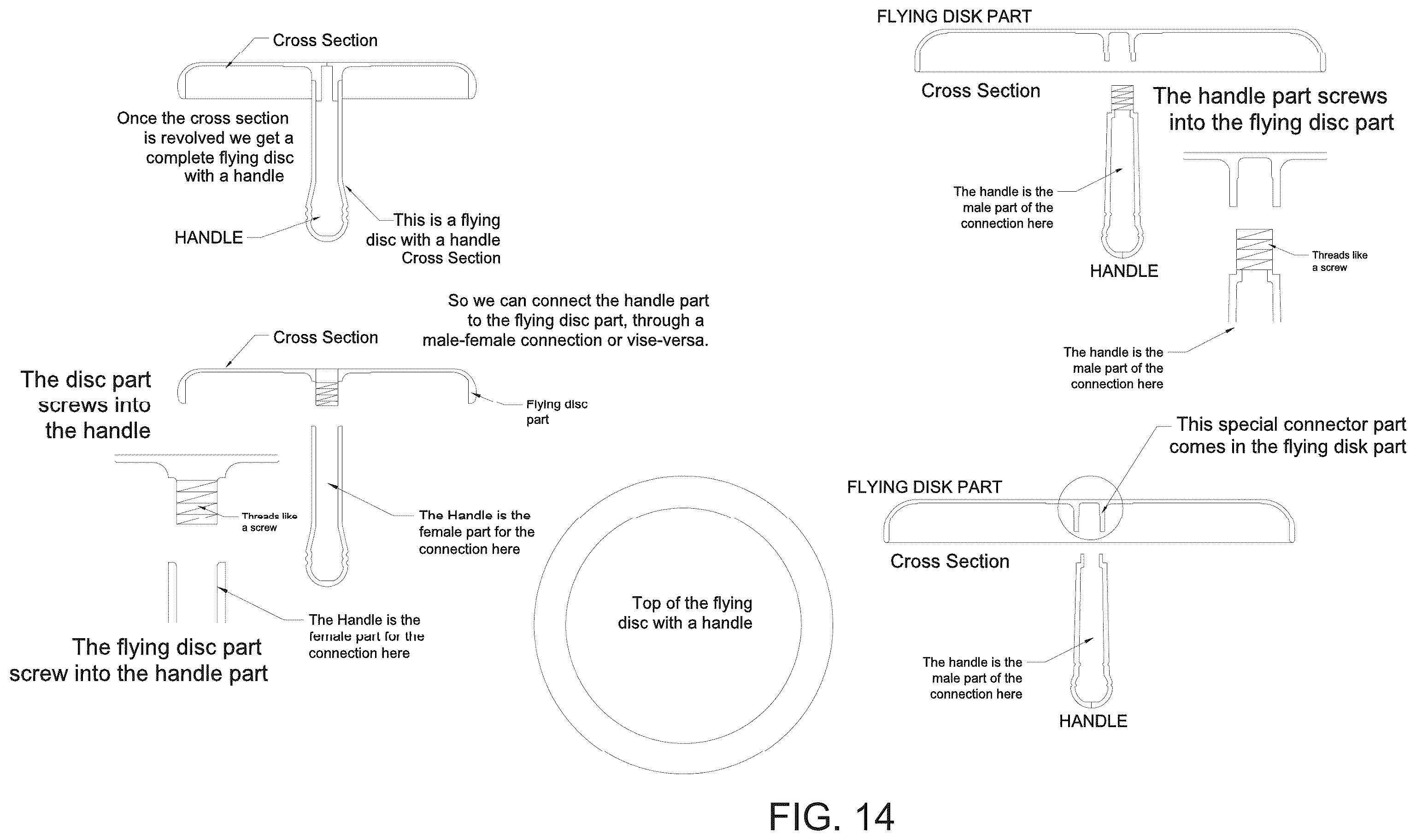 Patent US12569778 Figure 14 – Flying disc(s) with handle