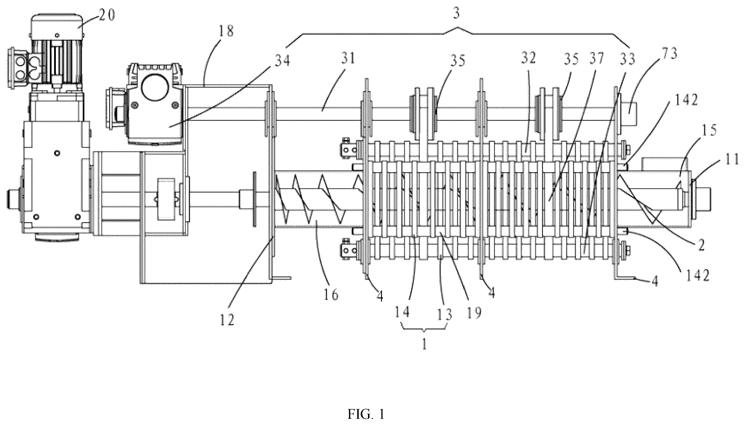 Patent US12569787 Figure 1 – Multi-plate or laminated screw press
