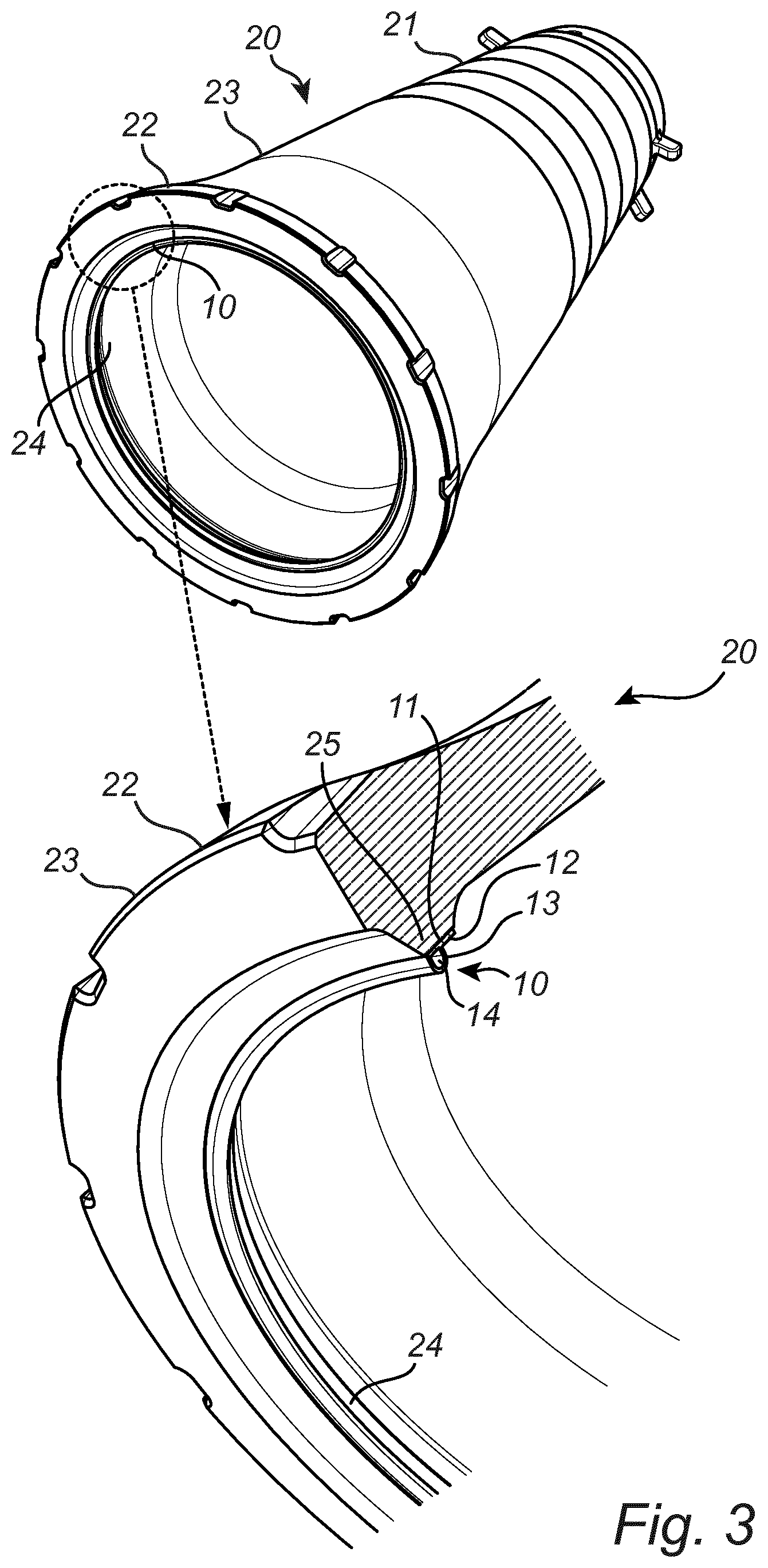 Patent US12569854 Figure 3 – Sealing member and mantle comprising such member, gyratory crusher and method of installing
