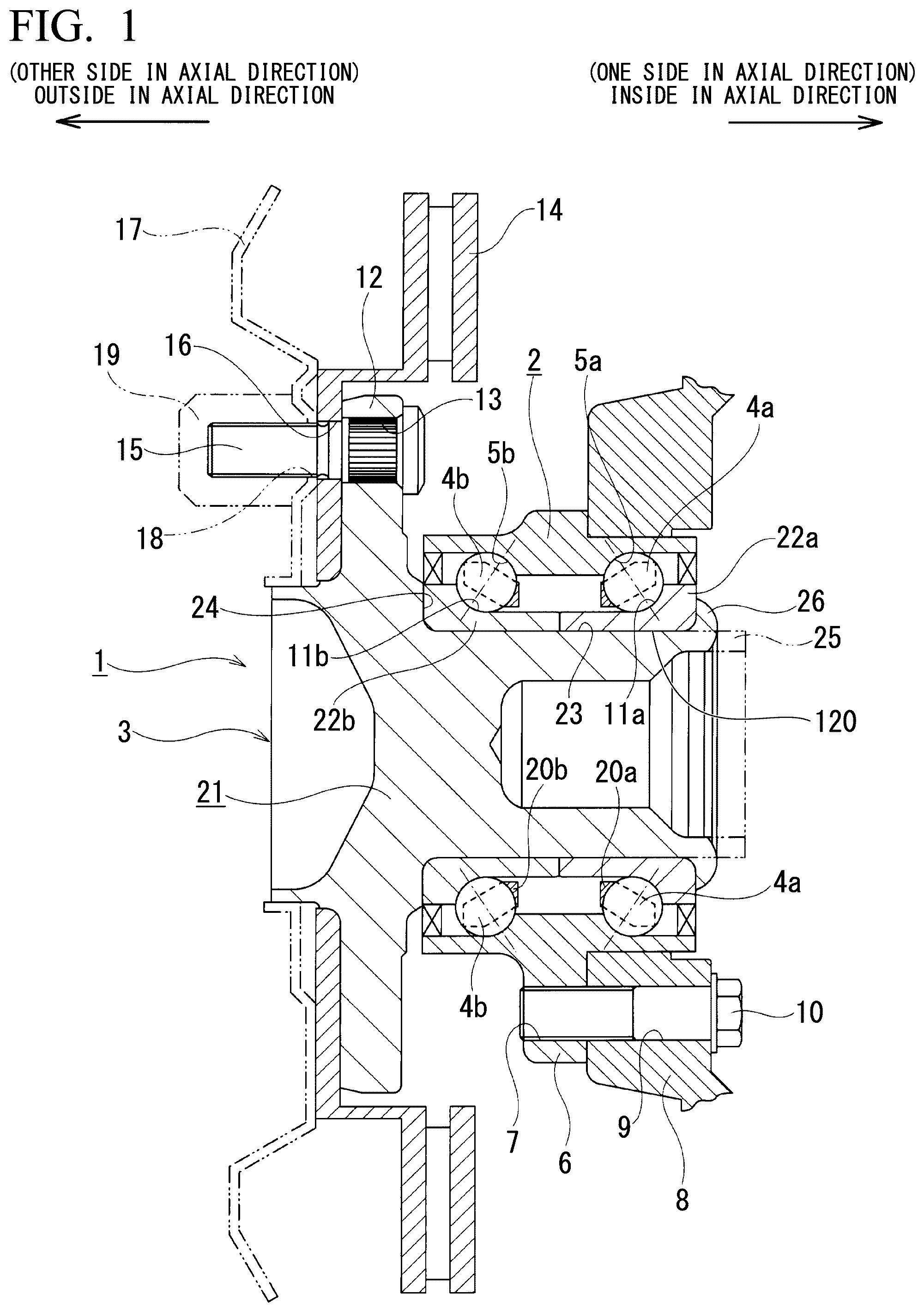 Patent US12569902 Figure 1 – Method of manufacturing staking assembly, method of manufacturing hub unit bearing, staking device, staking assembly, and method of manufacturing vehicle