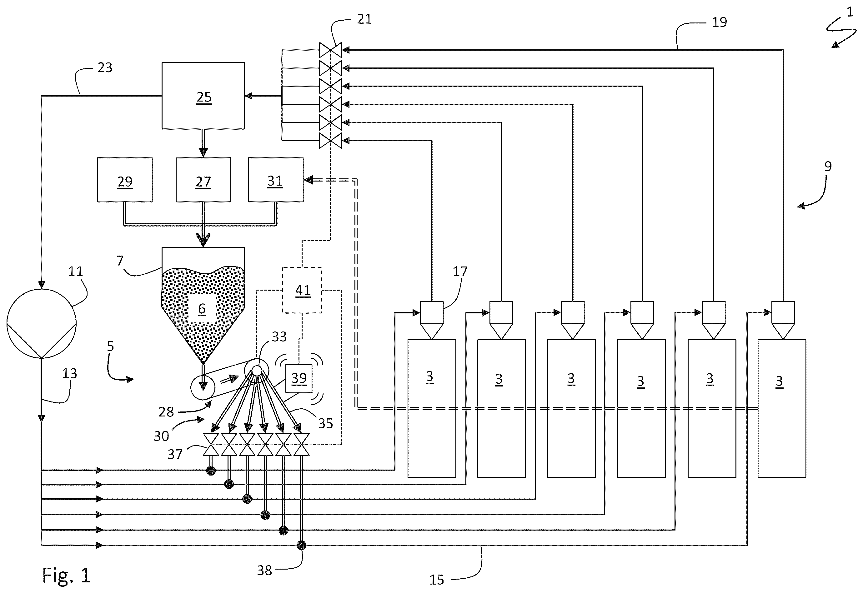 Patent US12569915 — System and method for distributing raw material powder to a plurality of additive manufacturing machines — Figure 1
