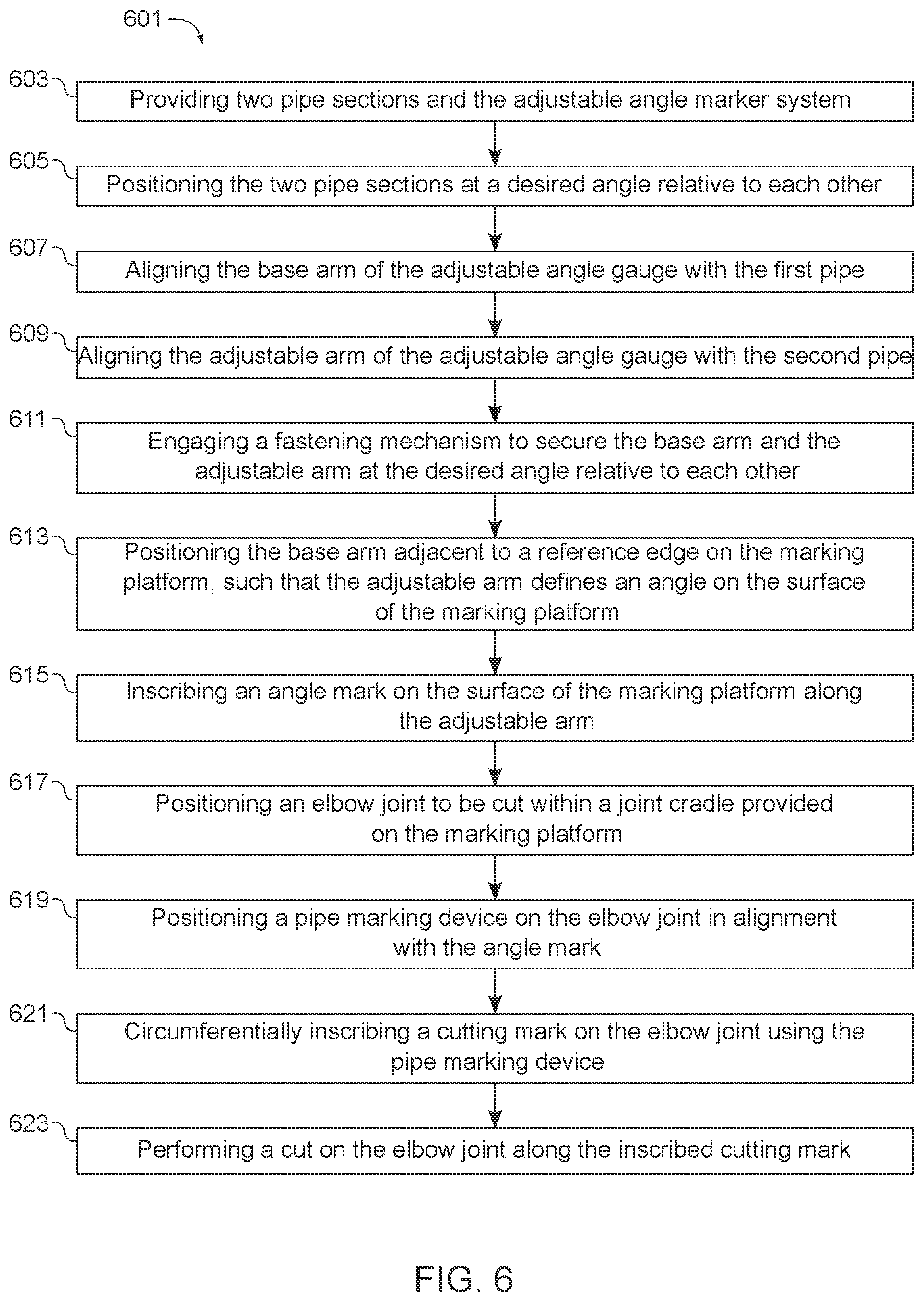 Patent US12569977 Figure 6 – Adjustable angle marker system for pipe elbow joints and method of use