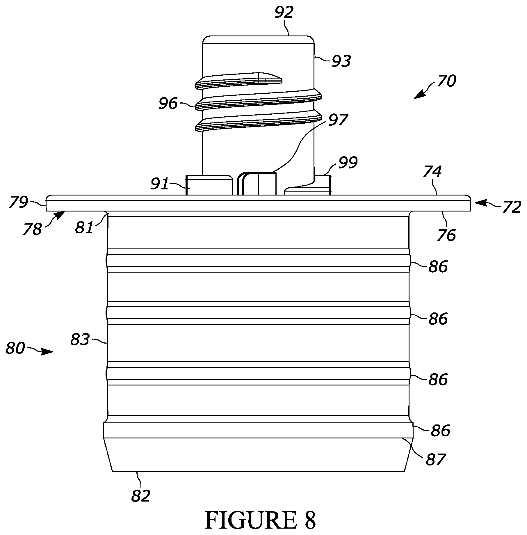 Patent US12576008 Figure 7 – Flexible container assembly and fitment assembly for a flexible container assembly