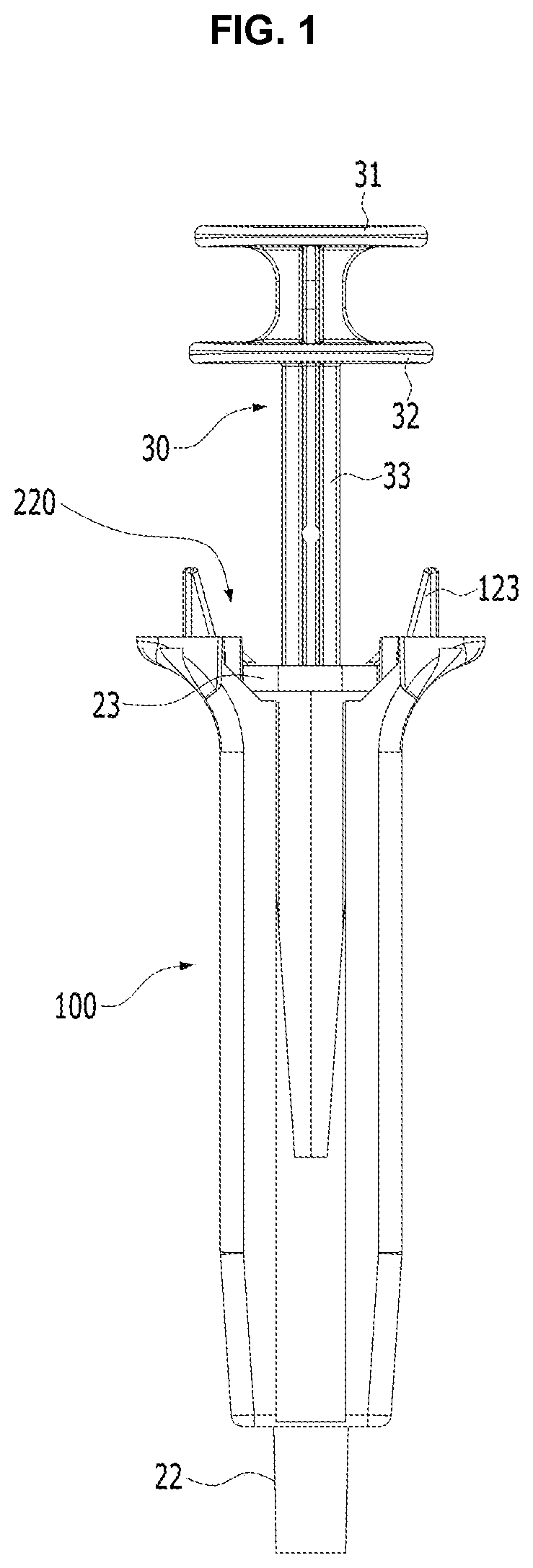 Patent US12576216 Figure 1 – Disposable injection device with locking structure to prevent reuse