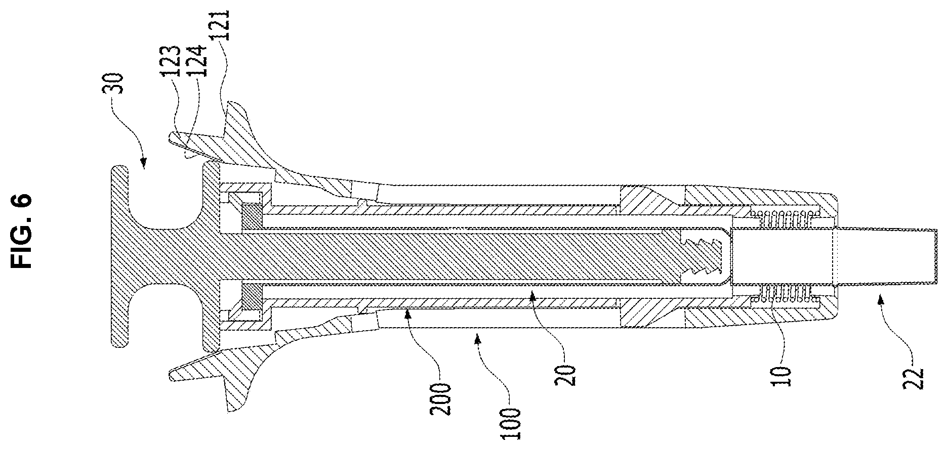 Patent US12576216 Figure 6 – Disposable injection device with locking structure to prevent reuse