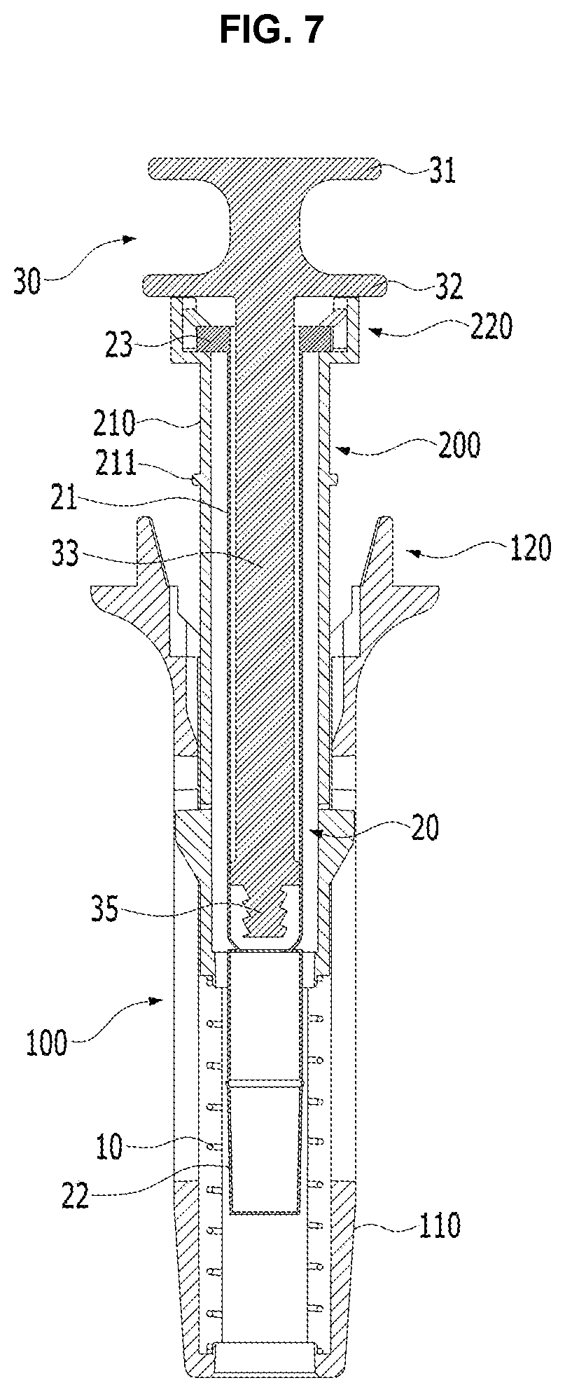 Patent US12576216 Figure 7 – Disposable injection device with locking structure to prevent reuse