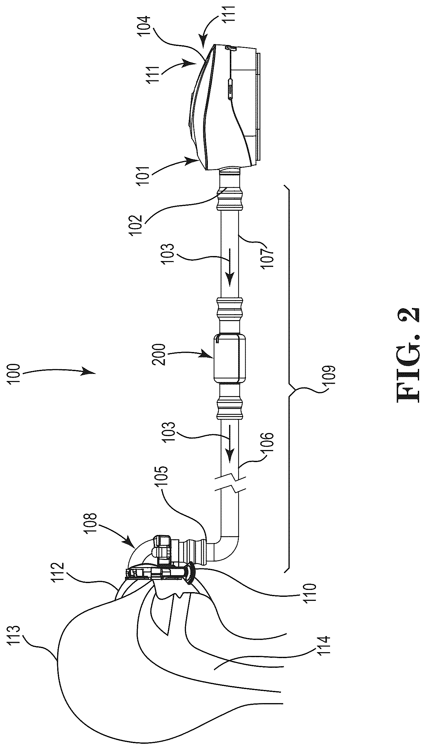 Patent US12576231 Figure 2 – Inline muffler and positive airway pressure therapy apparatus including same
