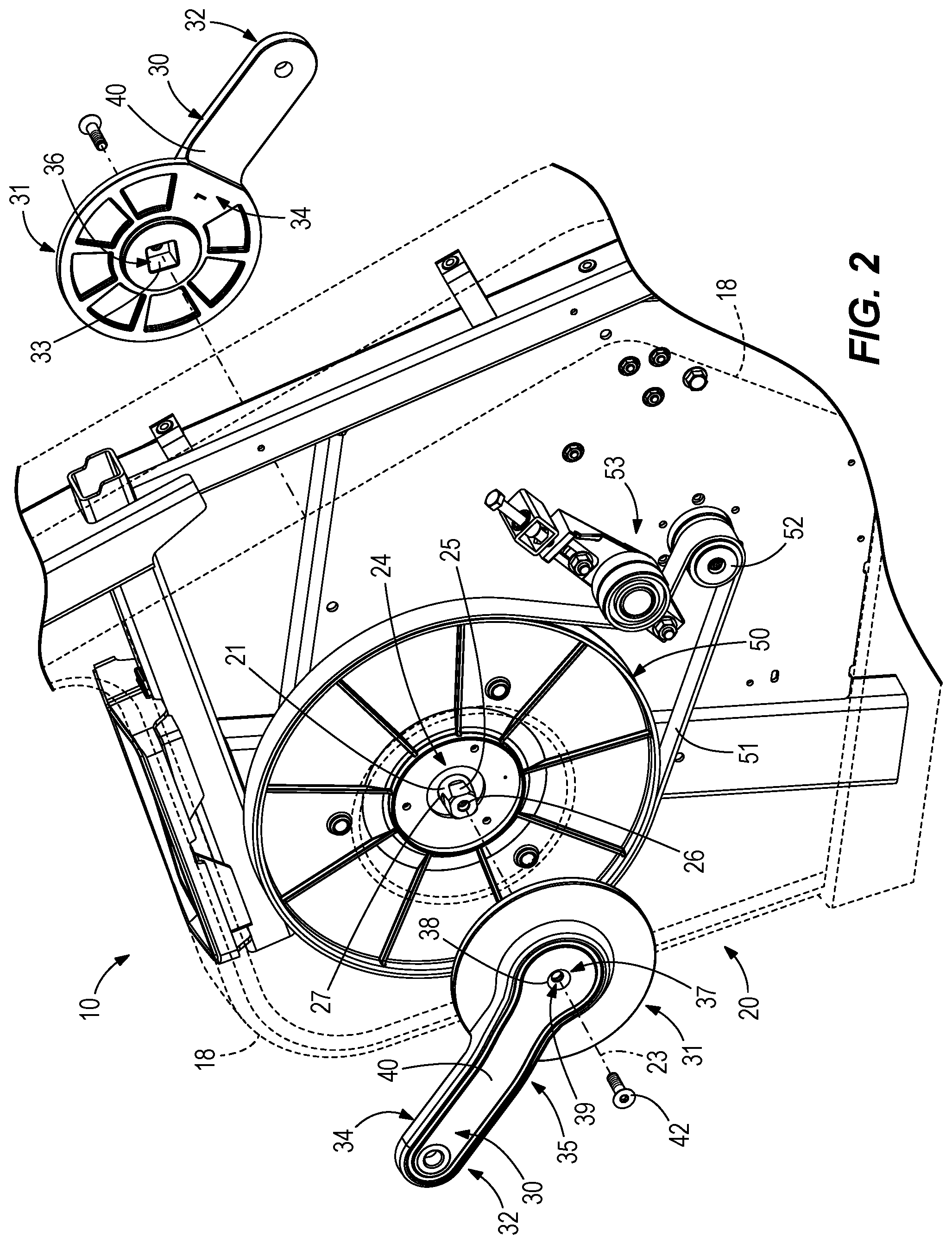 Patent US12576304 Figure 2 – Exercise machines, crankshaft assemblies for exercise machines, and methods of disassembling exercise machines having crank arms