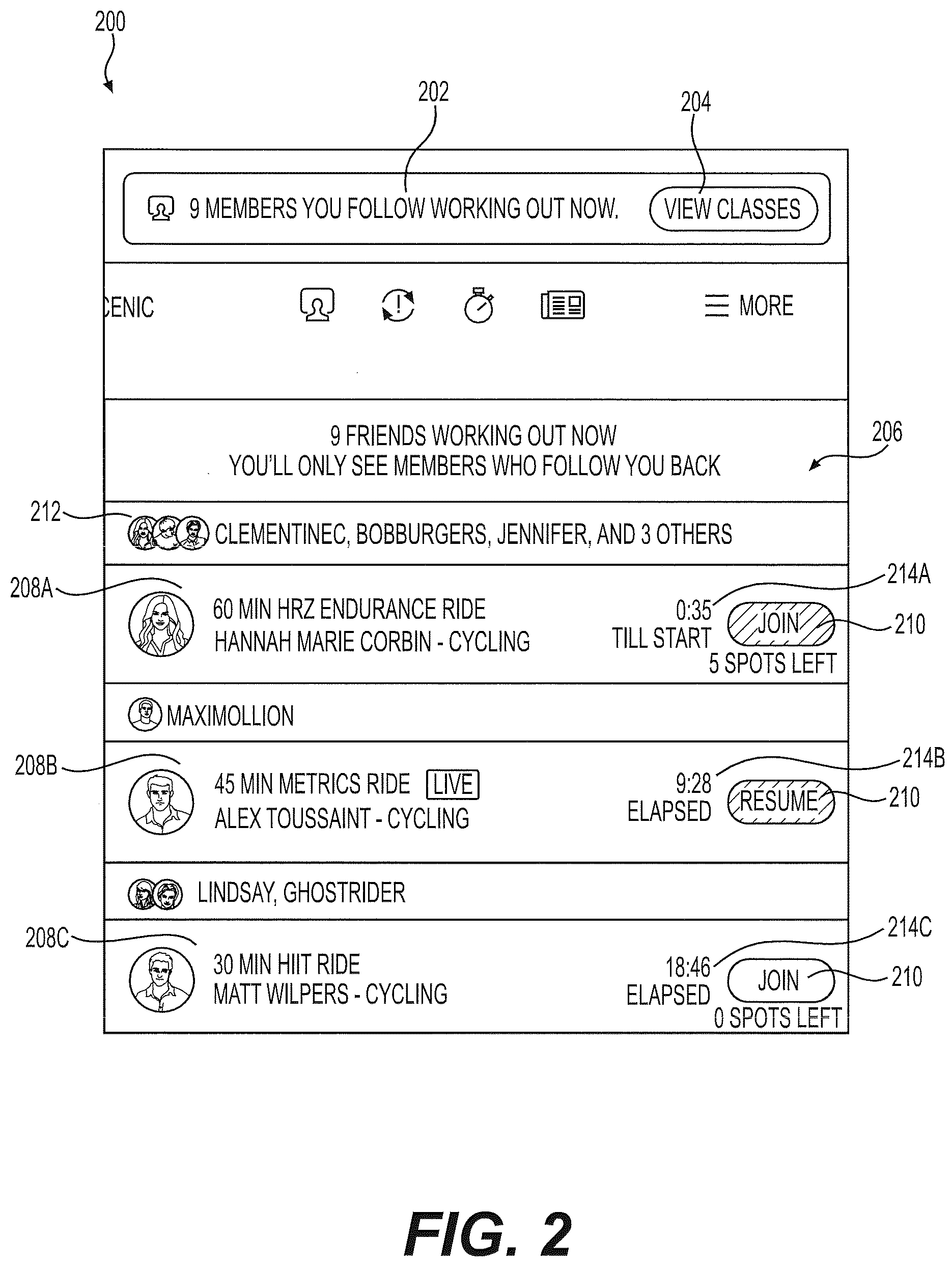 Patent US12576309 Figure 2 – Coordinating workouts across remote exercise machines