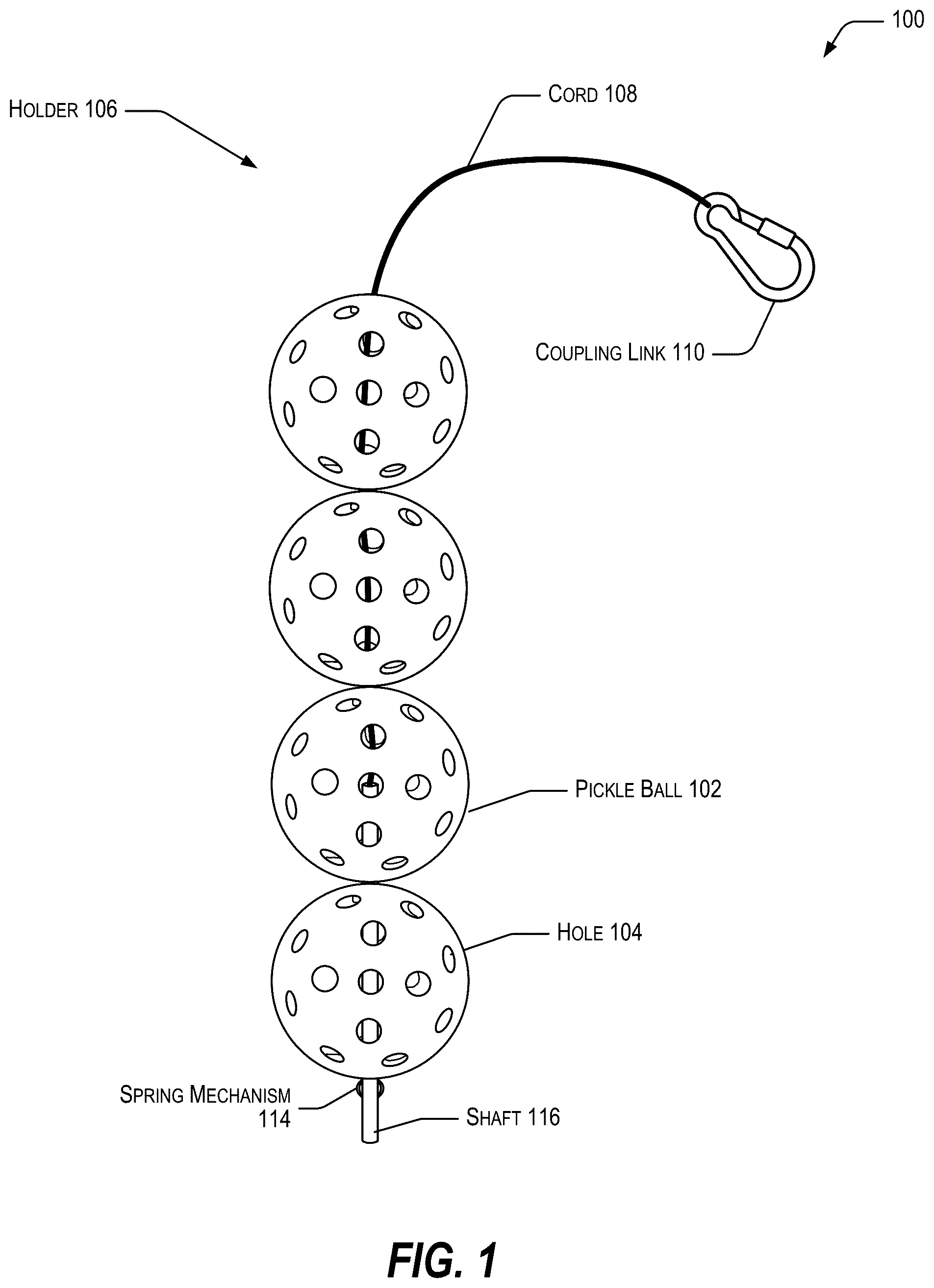 Patent US12576313 Figure 1 – Device to releasably secure pickleballs