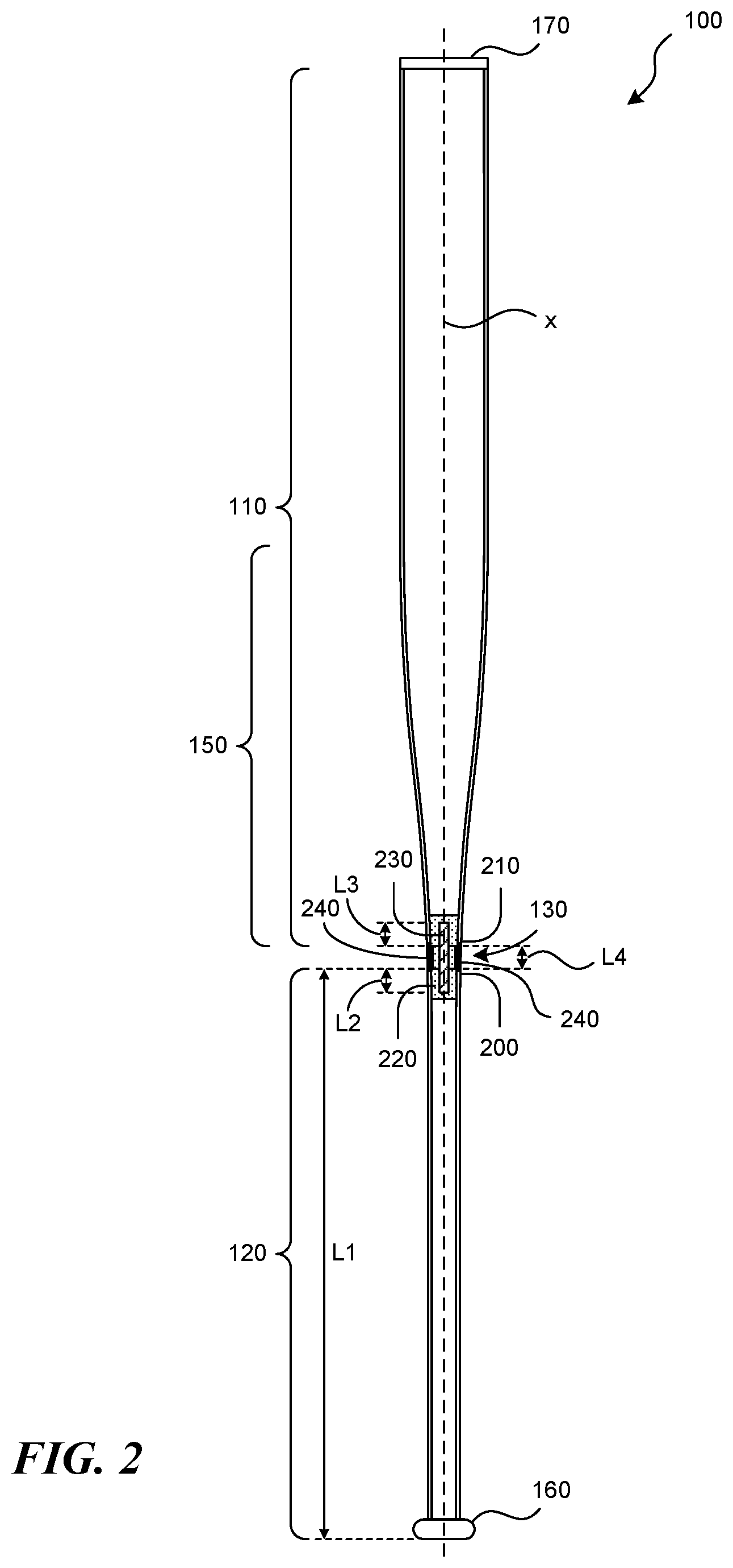 Patent US12576321 Figure 2 – Ball bat with shock attenuating handle