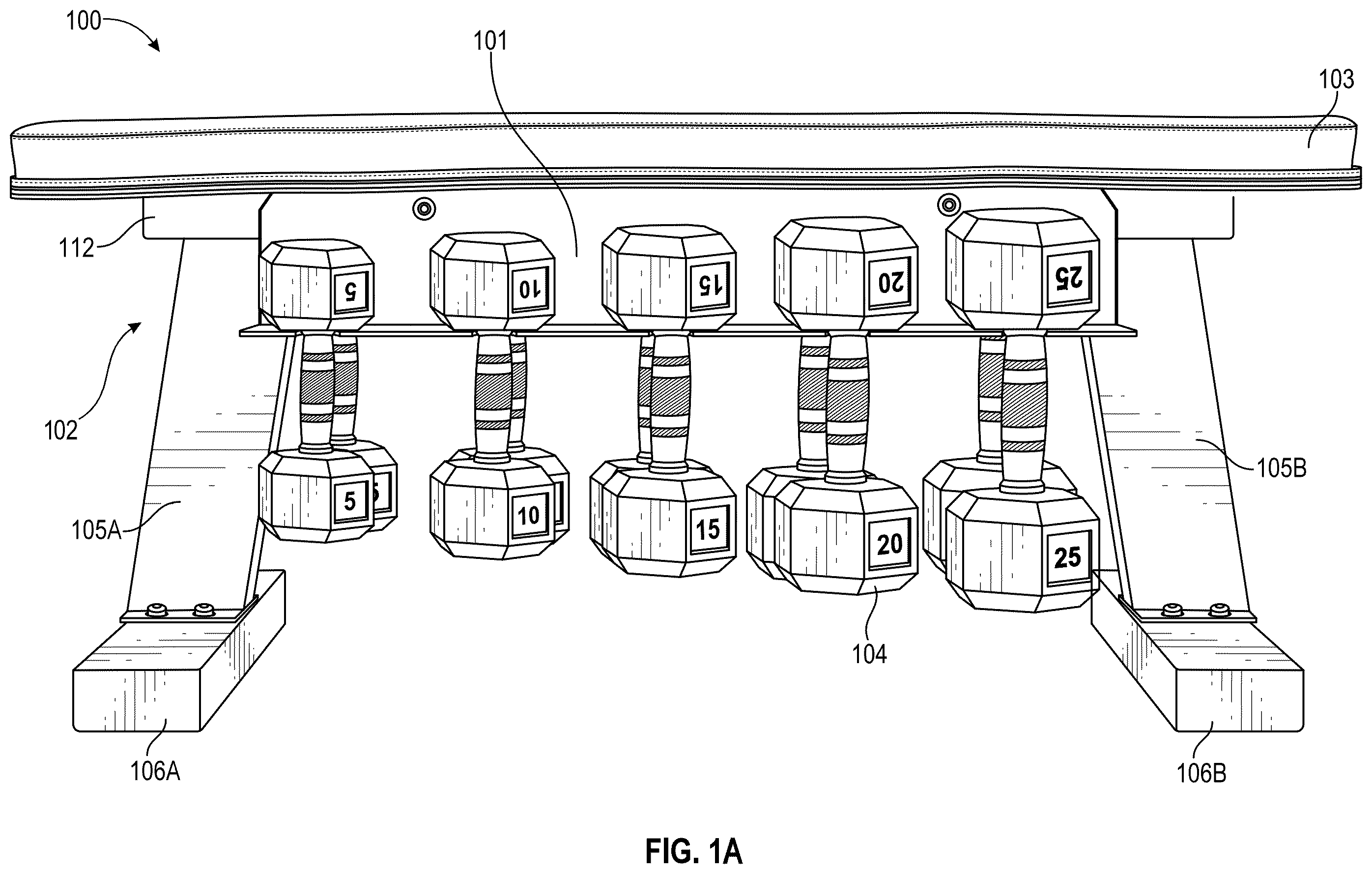 Patent US12576327 Figure 1 – Exercise bench with integrated weight storage unit