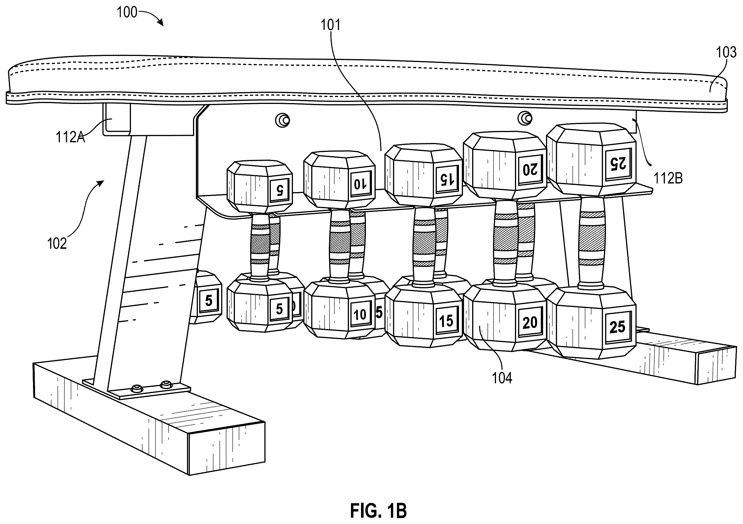 Patent US12576327 Figure 2 – Exercise bench with integrated weight storage unit