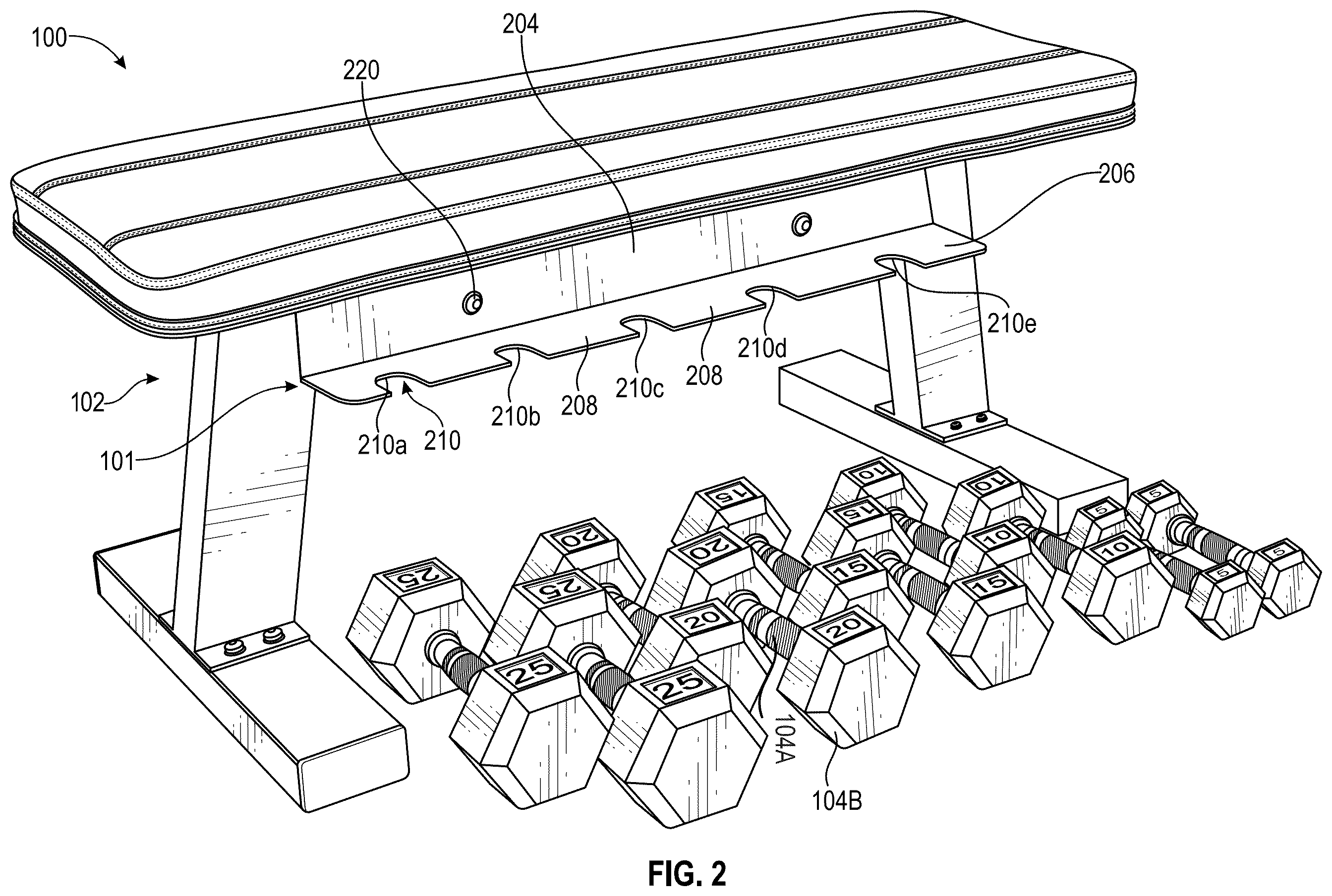 Patent US12576327 Figure 3 – Exercise bench with integrated weight storage unit