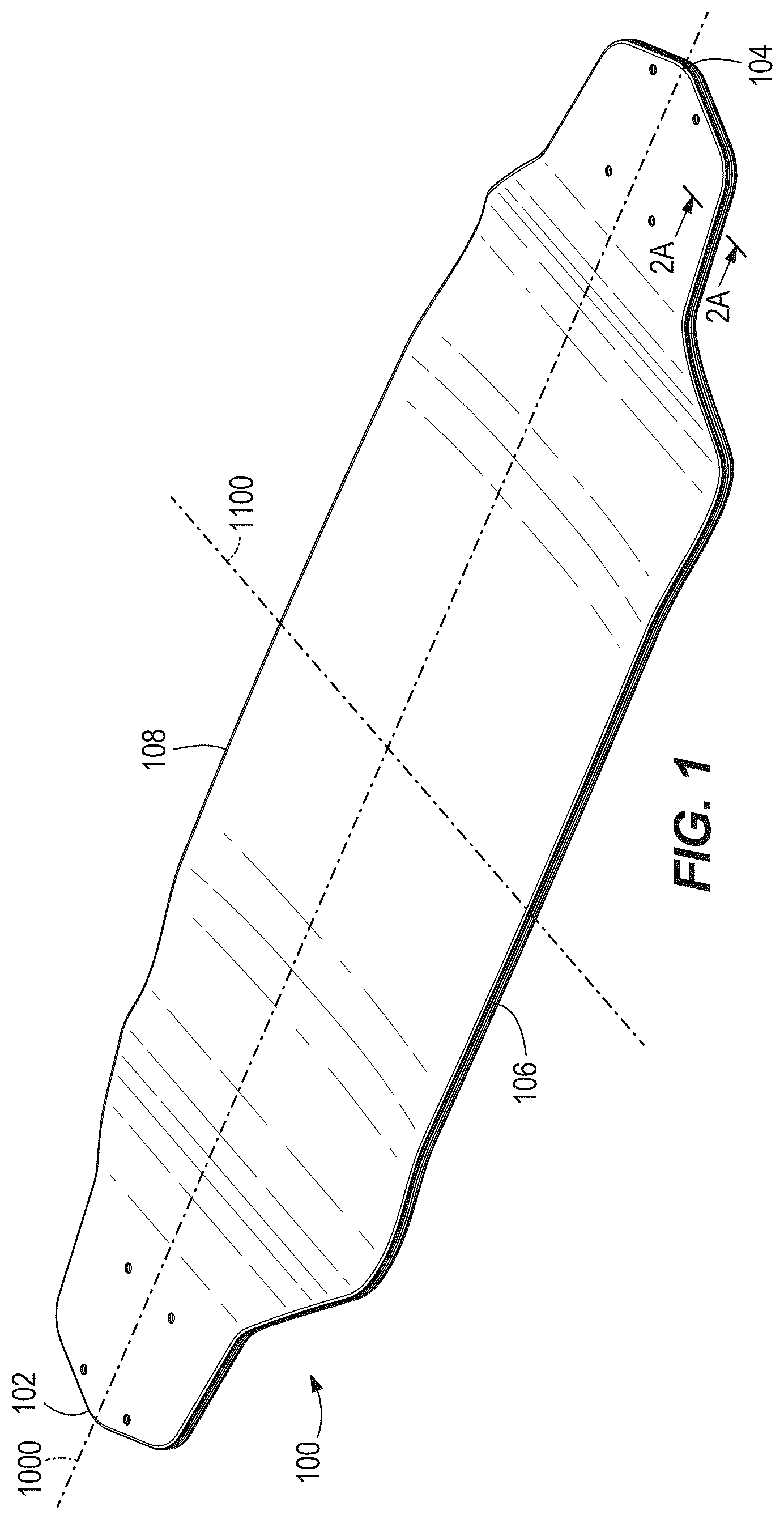 Patent US12576329 Figure 1 – Multi-material skateboard deck