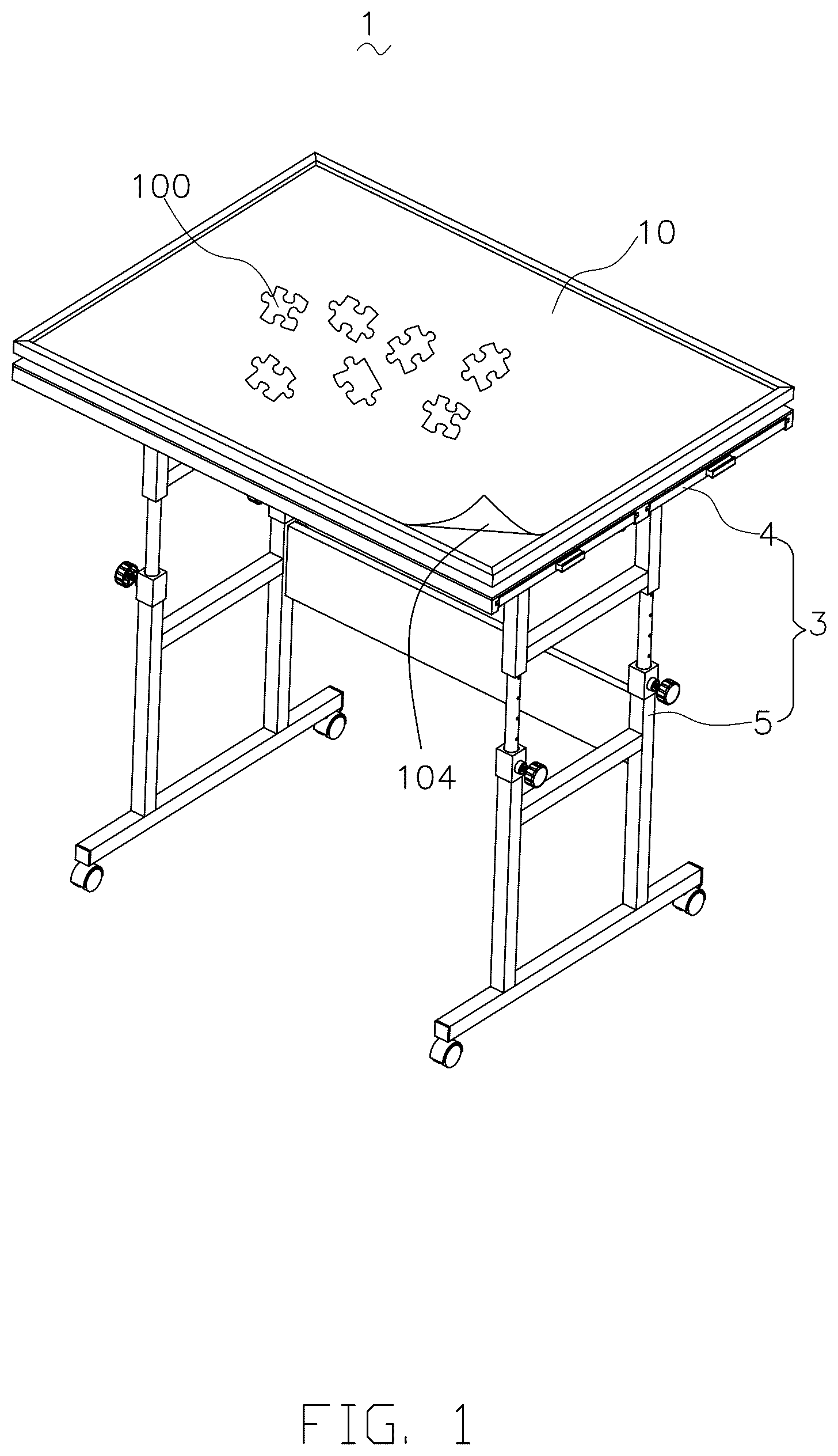 Patent US12576331 Figure 1 – Rotating assembly and jigsaw puzzle table