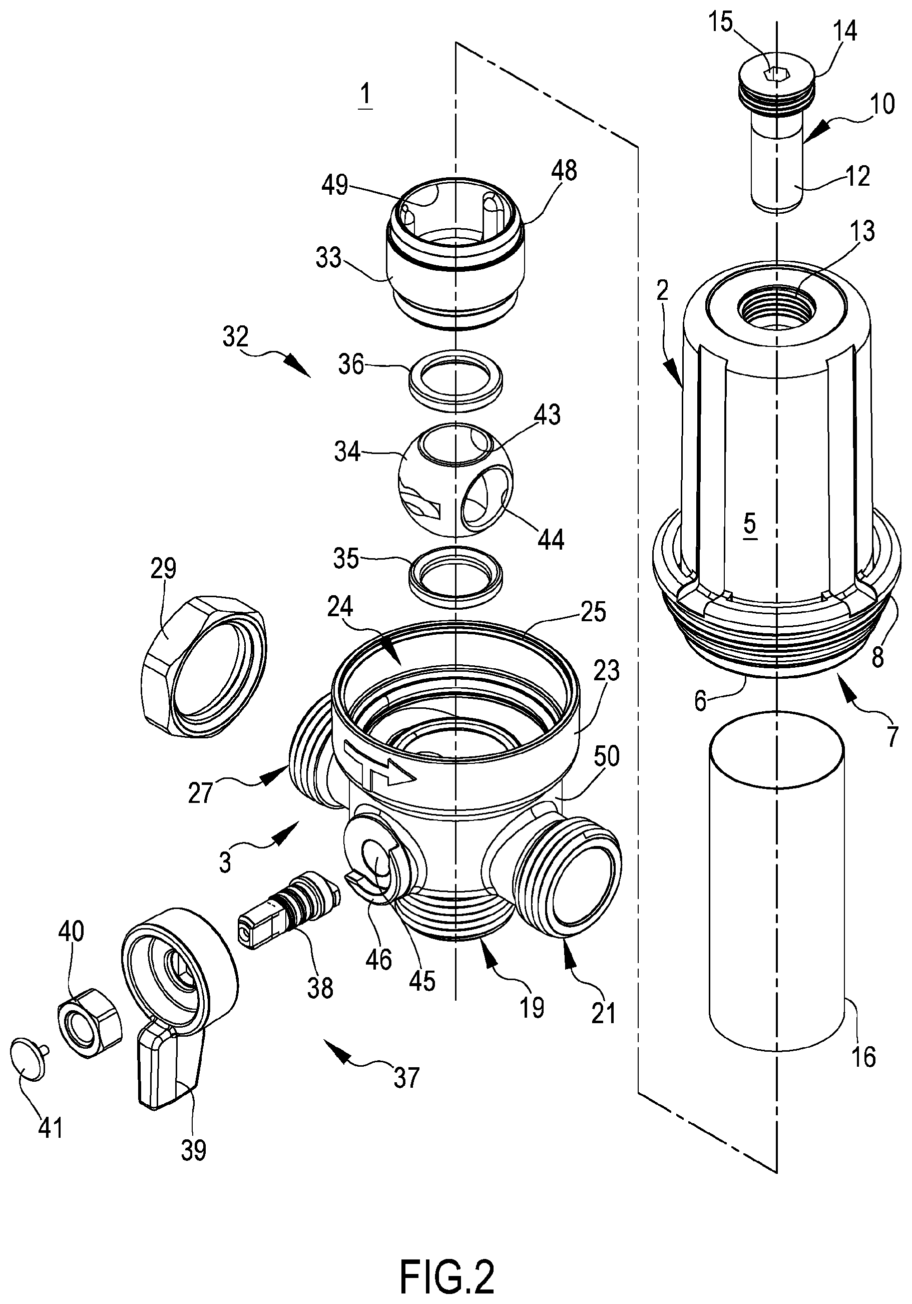 Patent US12576350 Figure 2 – Filtering group including a spherical valve