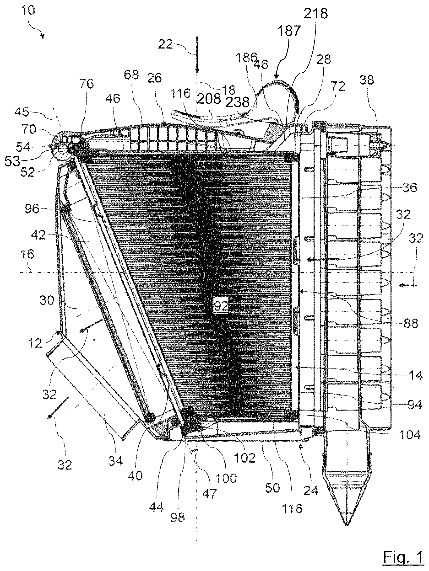 Patent US12576357 Figure 1 – Filter housing of a filter for a fluid and filter