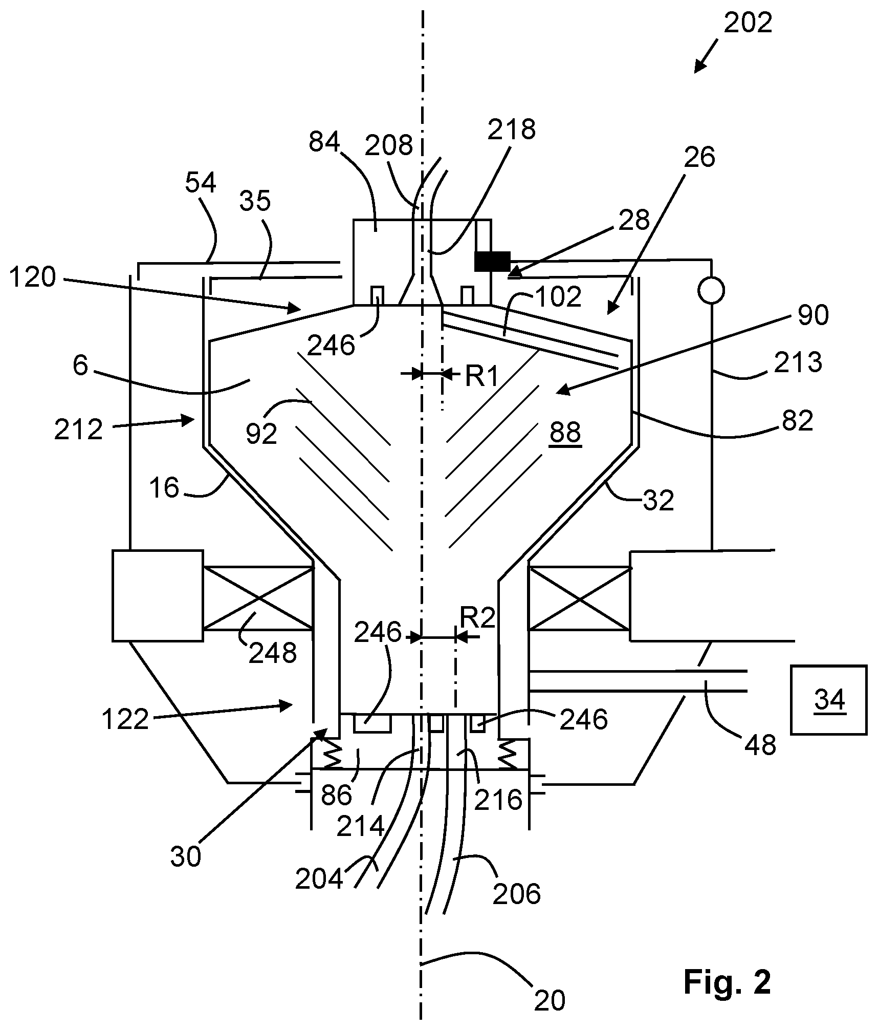 Patent US12576410 Figure 2 – Centrifugal separation system and method with flow control to a heavy phase receiving container