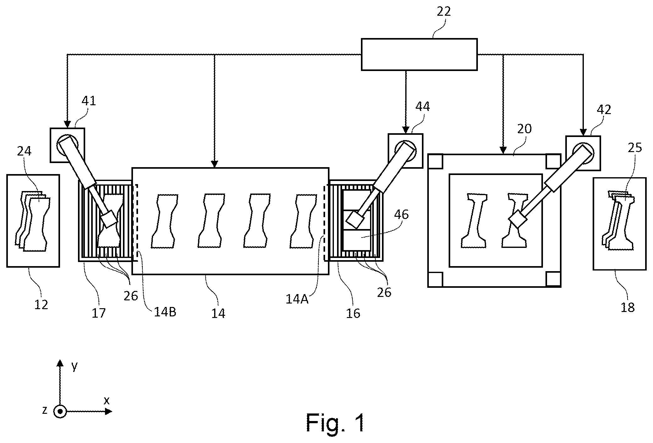 Patent US12576443 Figure 1 – Method of manufacturing press-formed product, apparatus for transporting heated workpiece, and hot-press manufacturing line