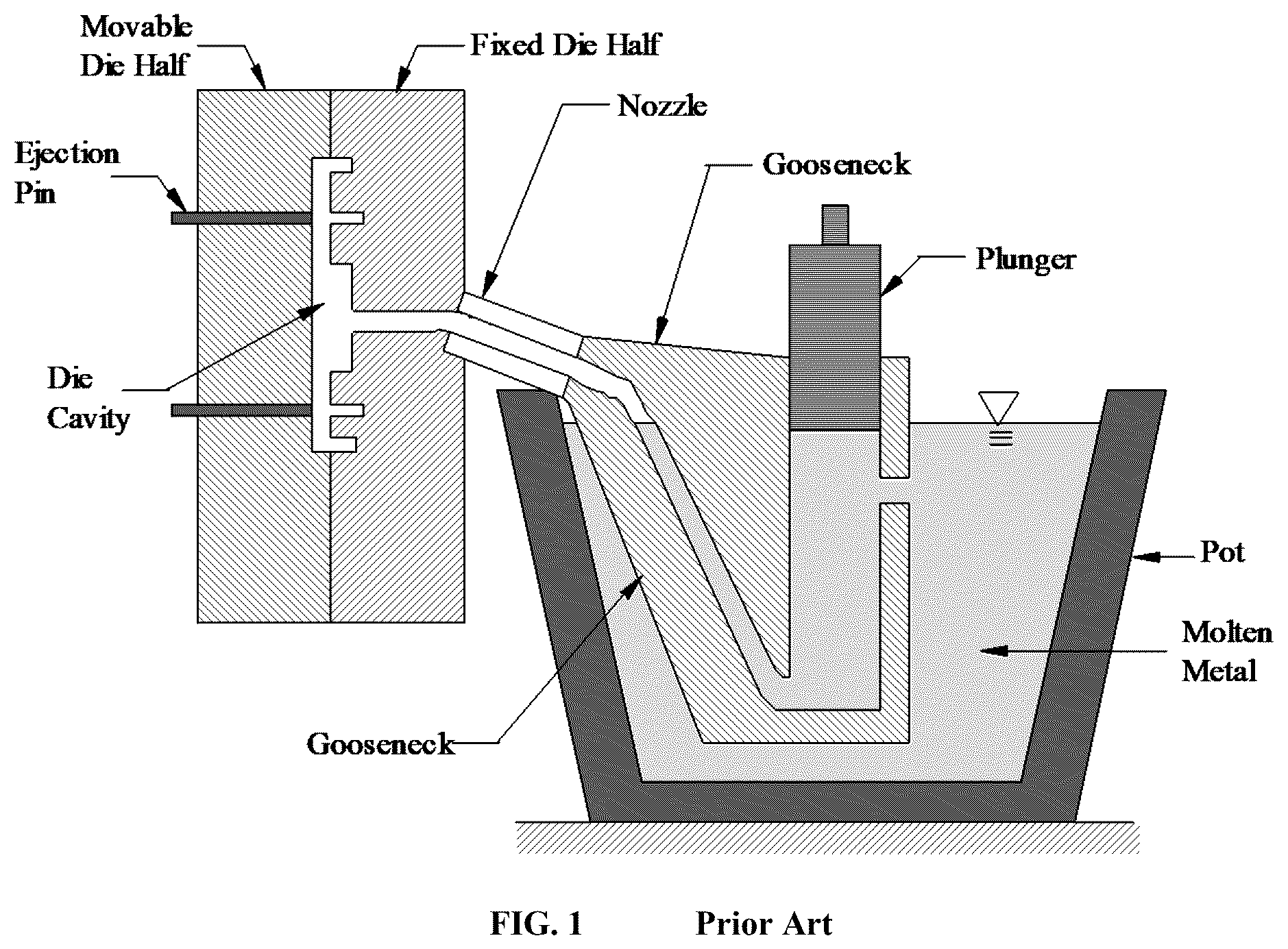 Patent US12576445 Figure 1 – Casting process for making an erosion and wear resistant shot chamber for die casting applications