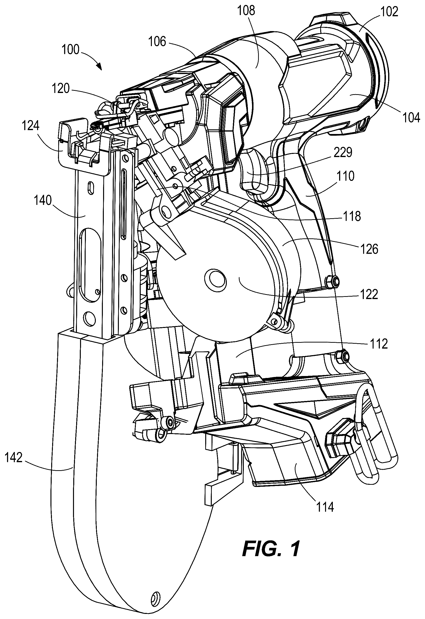 Patent US12576490 Figure 1 – Powered fastener driver with button cap delivery