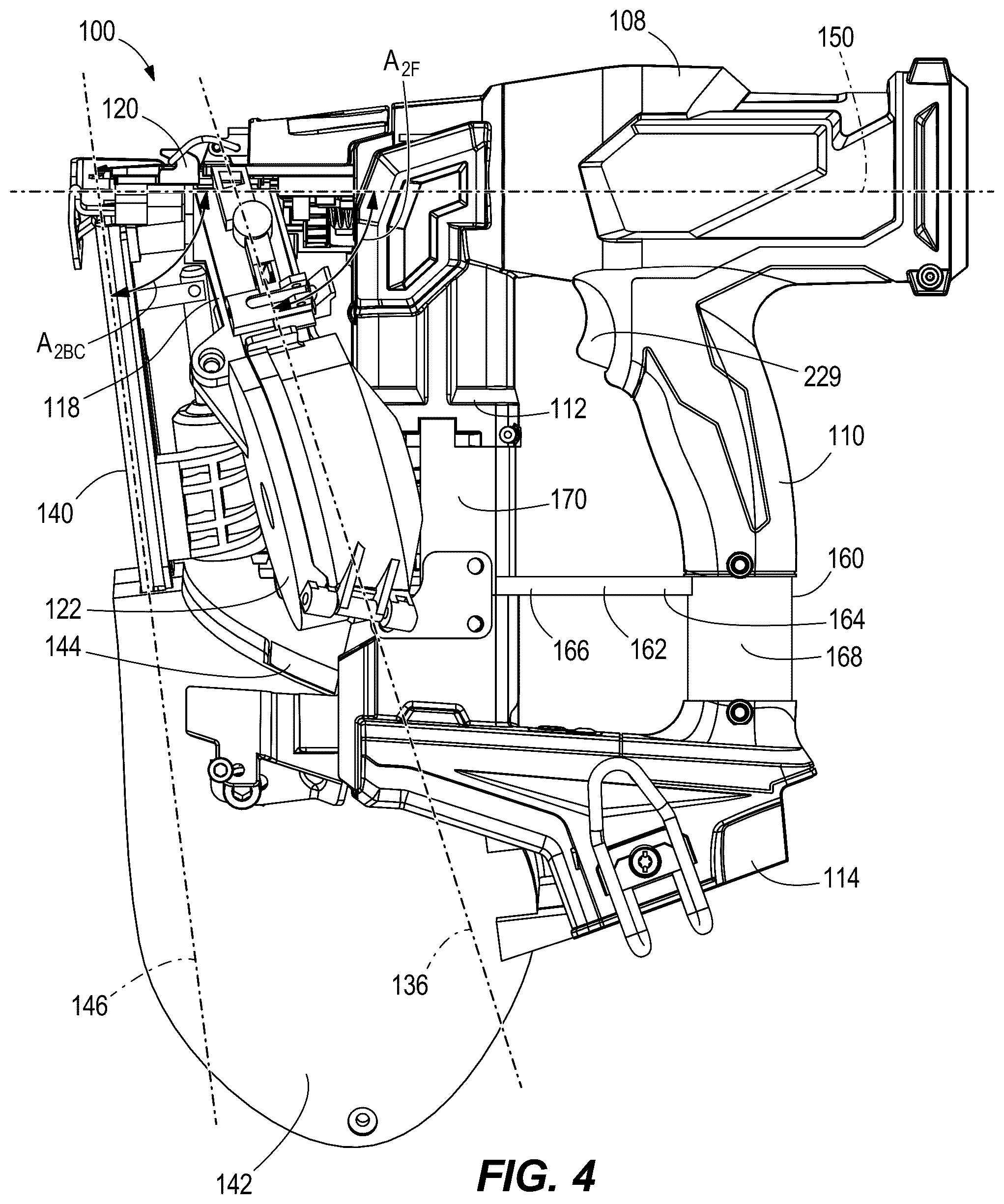 Patent US12576490 Figure 4 – Powered fastener driver with button cap delivery