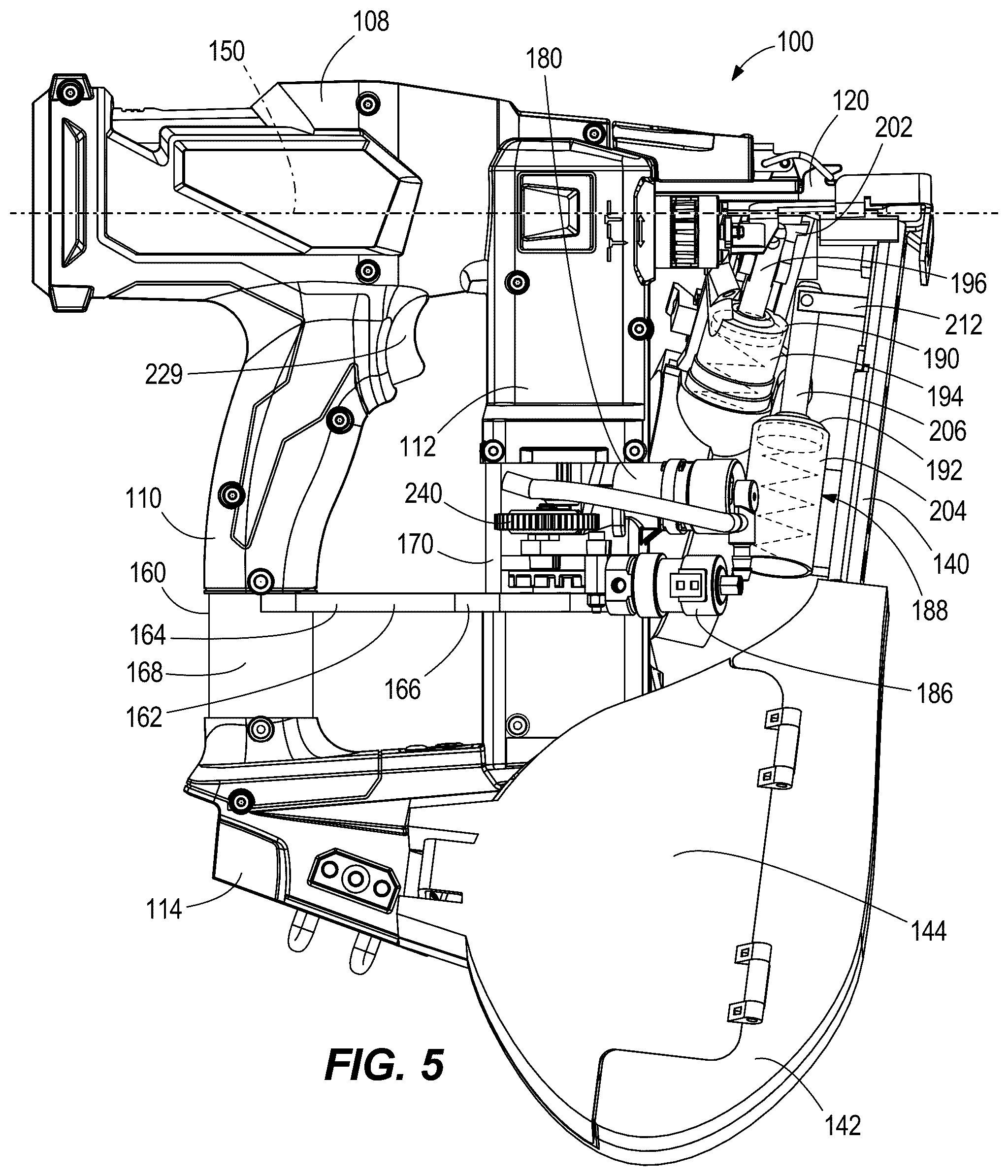 Patent US12576490 Figure 5 – Powered fastener driver with button cap delivery