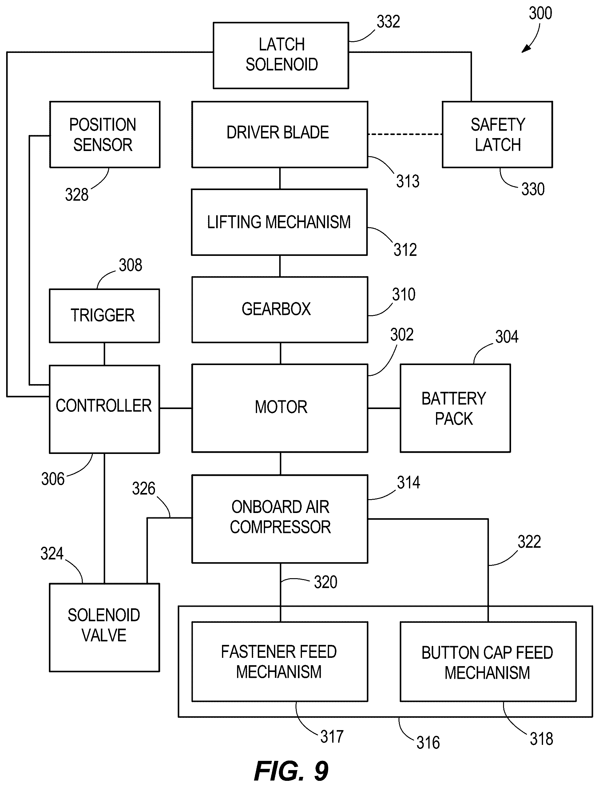 Patent US12576490 Figure 9 – Powered fastener driver with button cap delivery