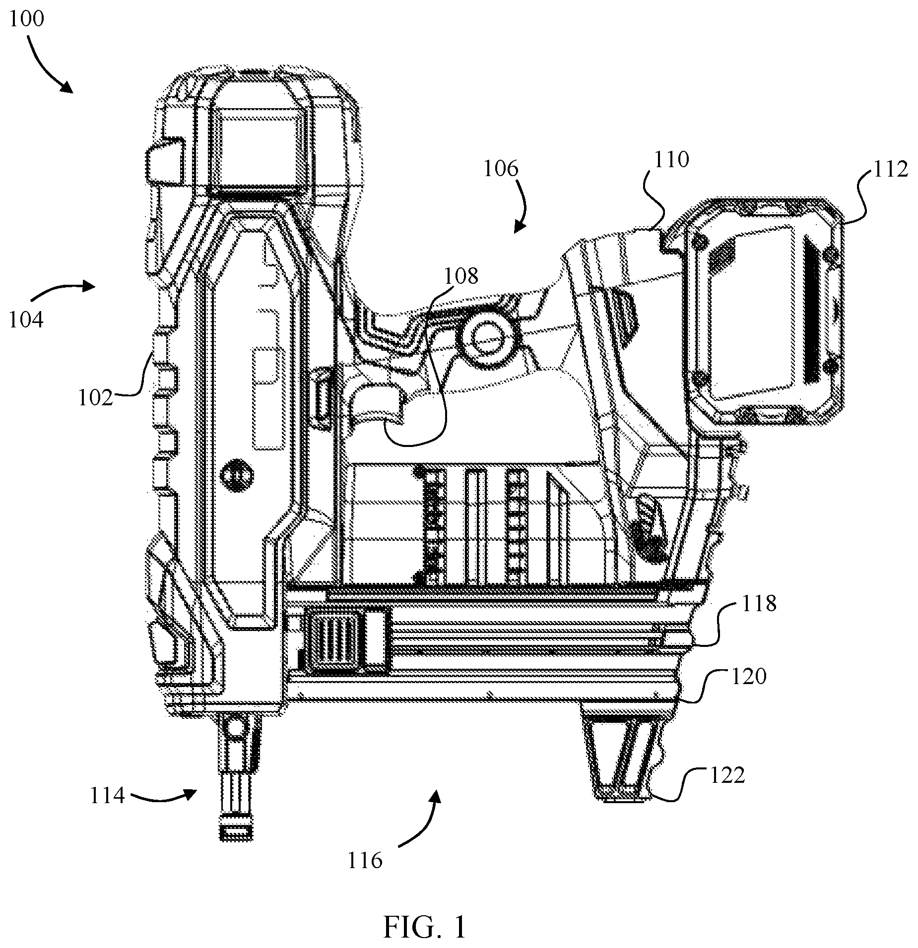 Patent US12576494 Figure 1 – Protective support structure for nailer