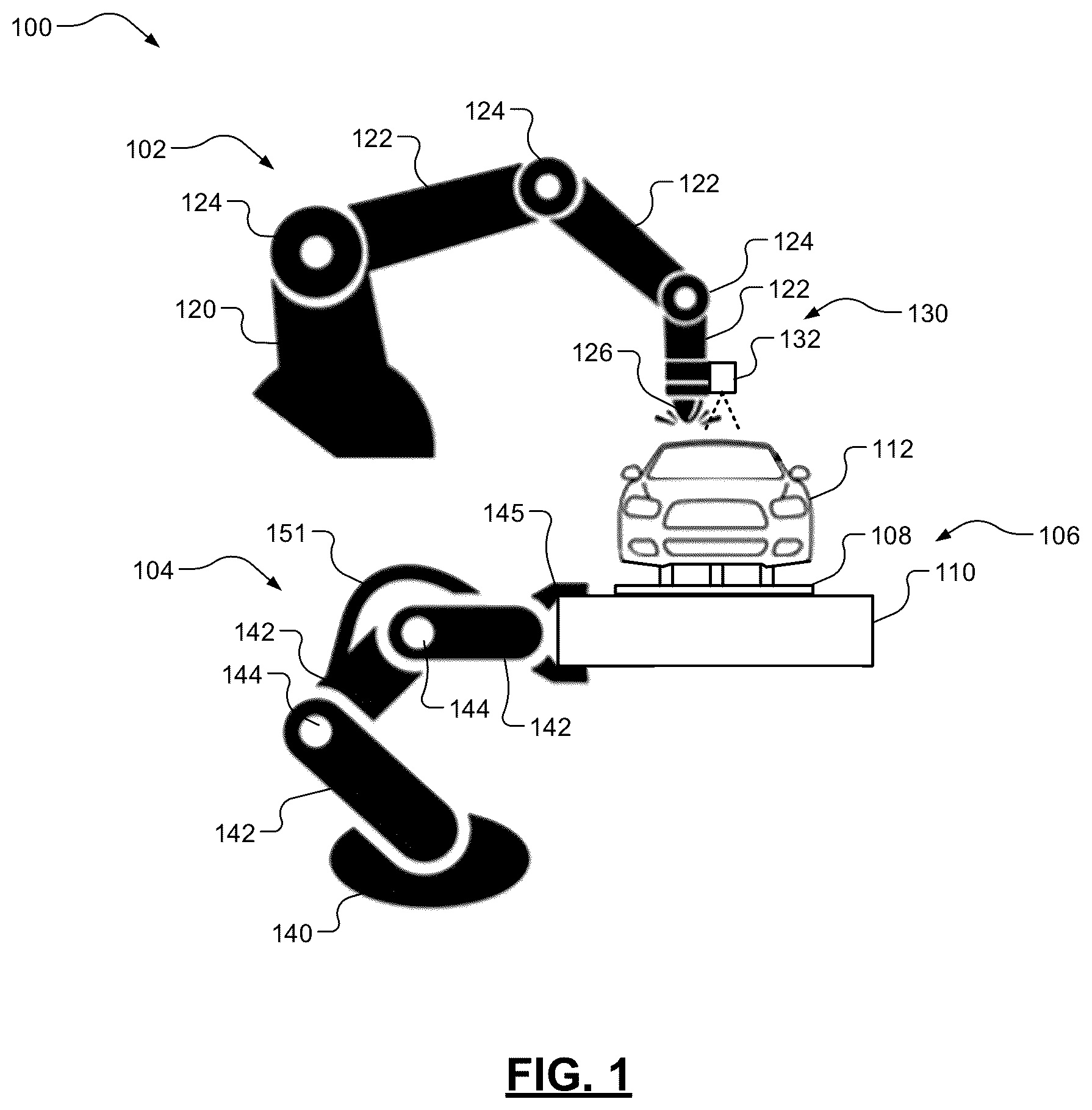 Patent US12576511 Figure 1 – Overspray-free robotic paint system including fixture lifting, positioning, and orienting robots