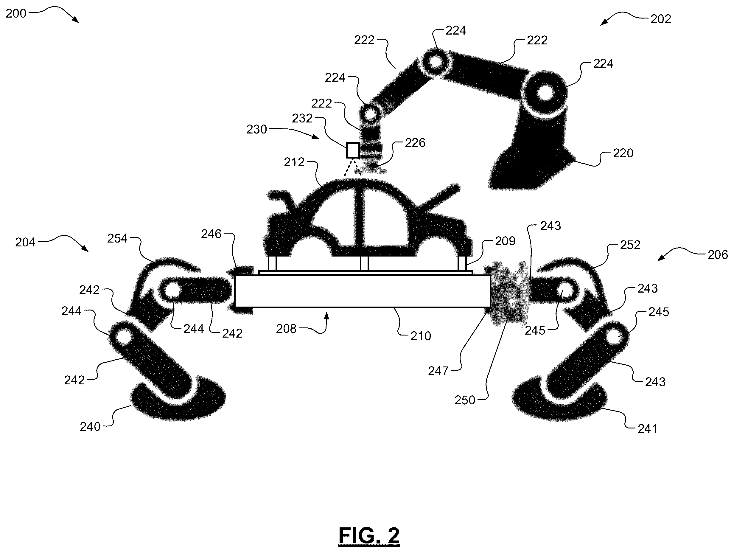 Patent US12576511 Figure 2 – Overspray-free robotic paint system including fixture lifting, positioning, and orienting robots